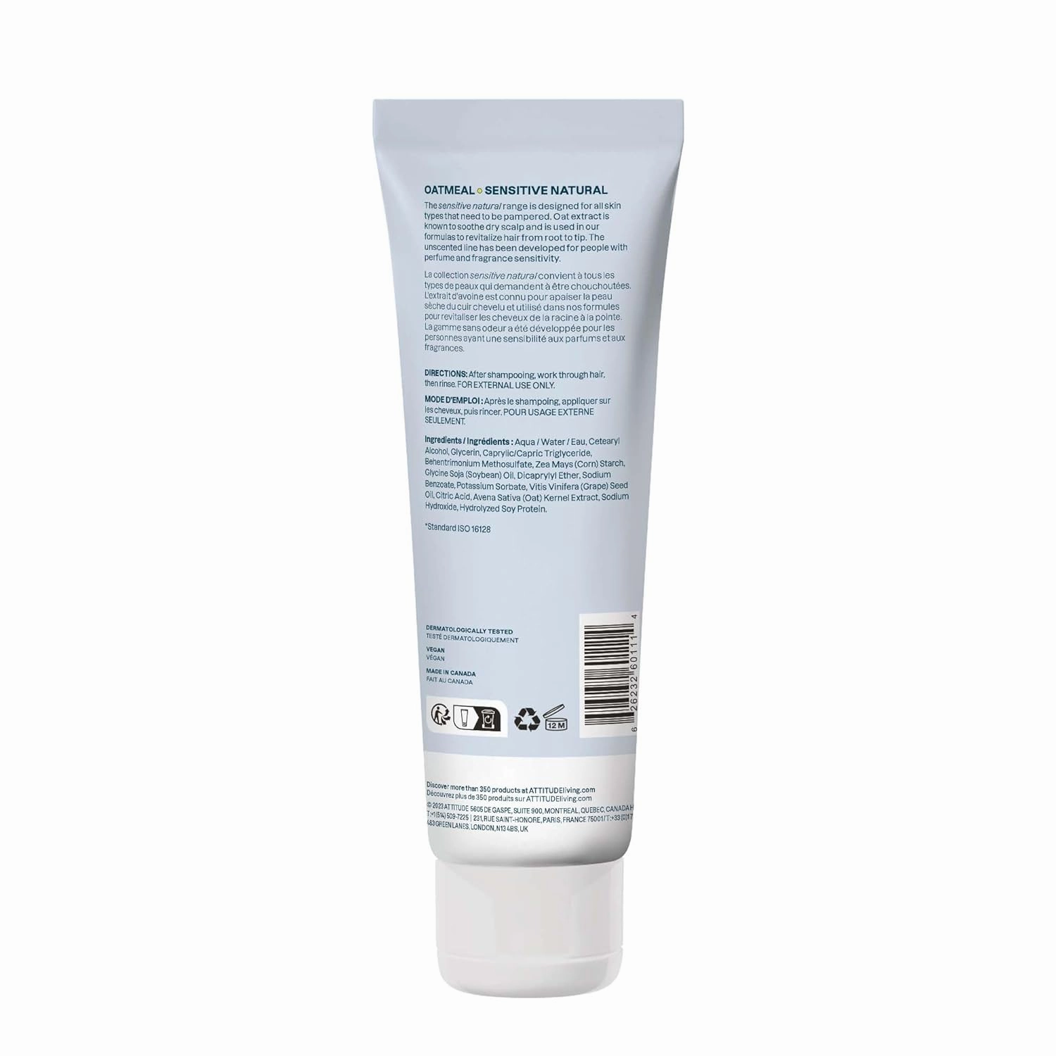 ATTITUDE Extra Gentle Hair Conditioner for Sensitive Dry Scalp, Soothing Oat, Naturally Derived Ingredients, Dermatologically Tested, Vegan Detangler, Extra Gentle, Unscented, 8 Fl Oz (Pack of 6)