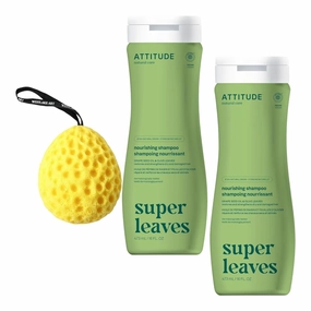 ATTITUDE Nourishing Shampo, 16 Fl Oz, Bundled With Bath Sponge - Plant Based Shampo, With Grapeseed Oil & Olive Leaves, Ewg Verified, Vegan, Shampoo For Damaged Hair [Pack Of 2]