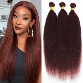 Auburn Yaki Straight Bundles Human Hair Reddish Brown Kinky Straight Bundles Color 33 Human Hair Bundles Double Weft Brazilian Remy Hair Extensions Silky and Soft for Black Women 28 28 28 Inch