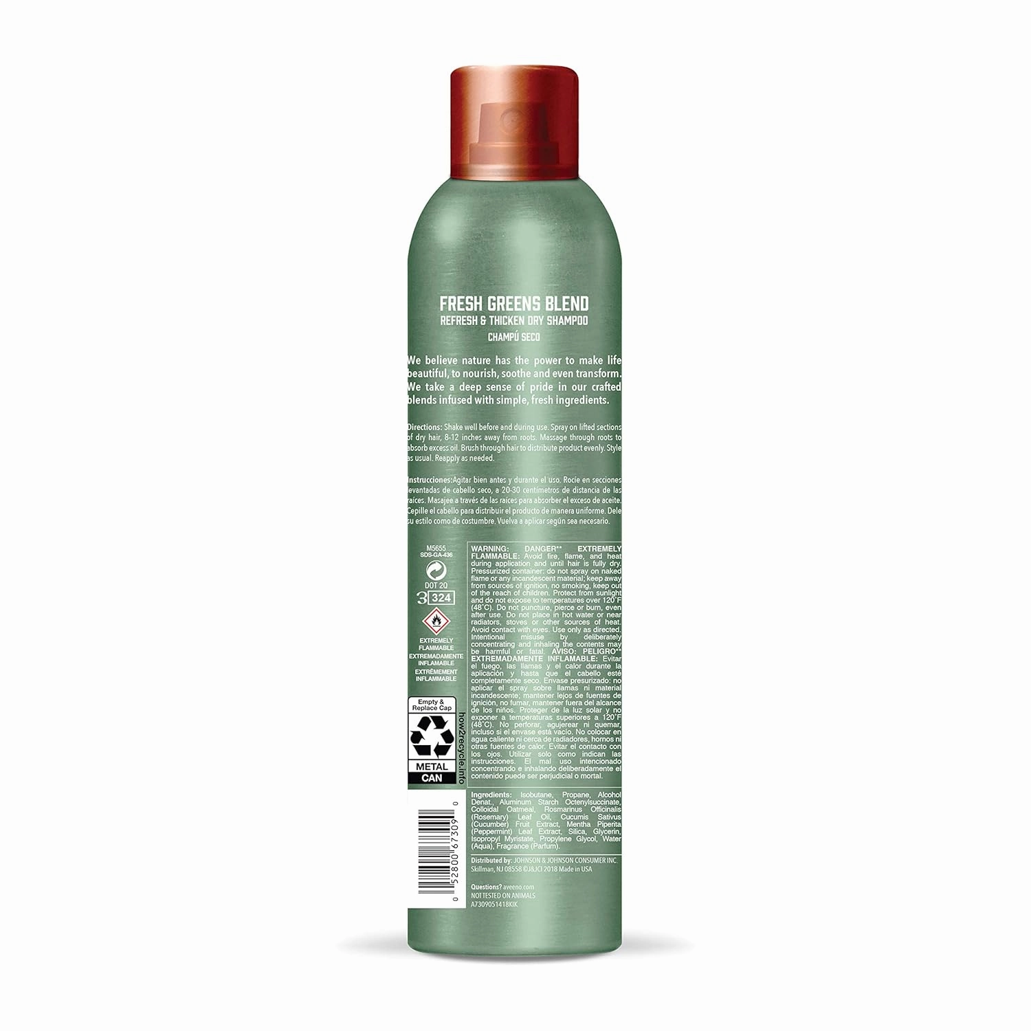 Aveeno Fresh Greens Blend Sulfate-Free Dry Shampoo Spray with Rosemary, Peppermint & Cucumber to Thicken & Nourish, Volumizing Dry Shampoo for Thin or Fine Hair, Paraben & Dye-Free
