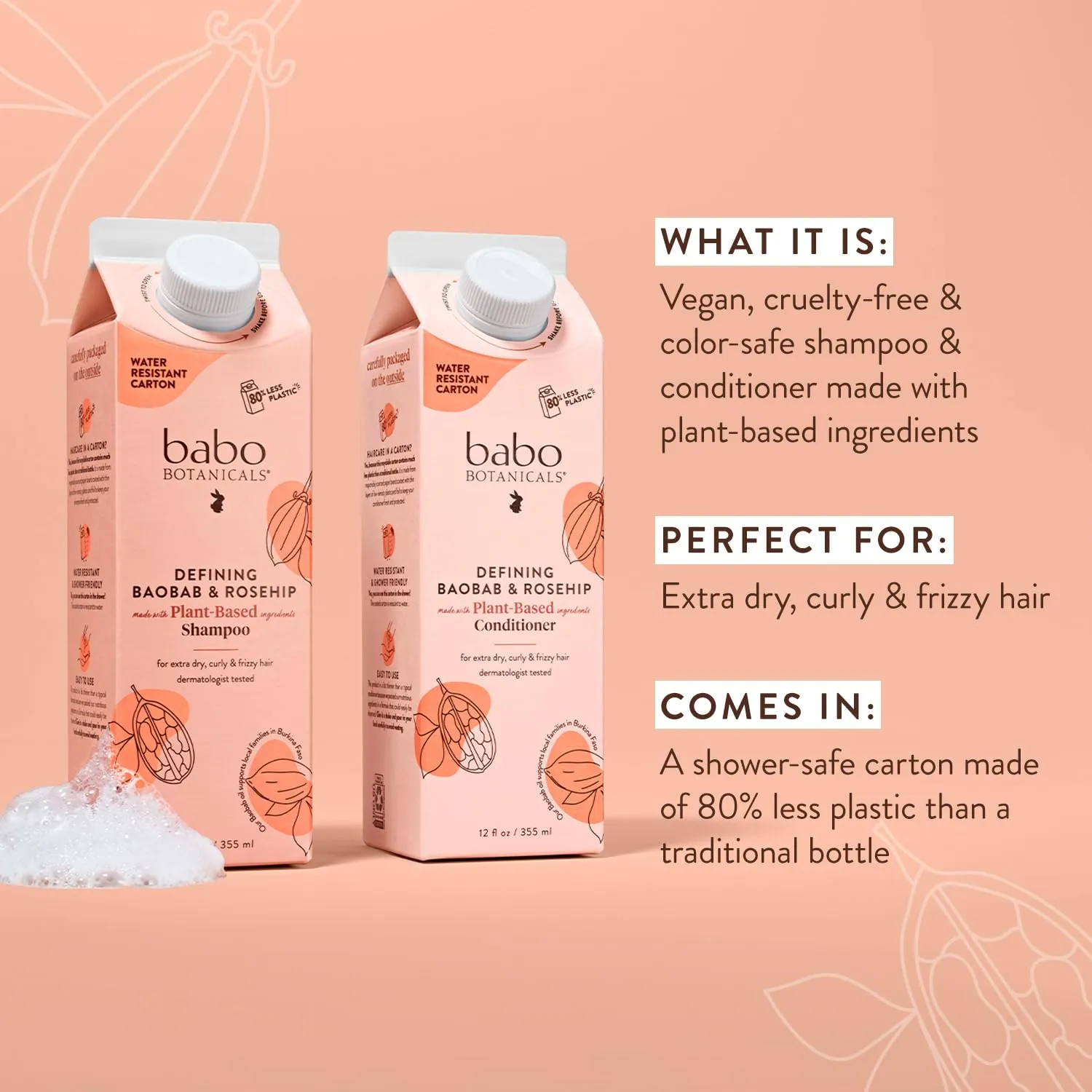 Babo Botanicals Defining Baobab & Rosehip Shampoo   Bundle with Conditioner – For extra dry, curly hair – Smooth & Define – Passion Fruit Ferment for scalp