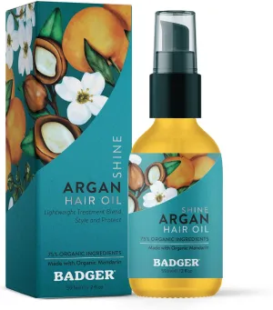Badger Organic Argan Hair Oil, Restore a Healthy Shine to Dry Brittle Hair, Organic Moroccan Argan Oil Hair Moisturizer/Hair Serum, 2 fl oz Glass Bottle
