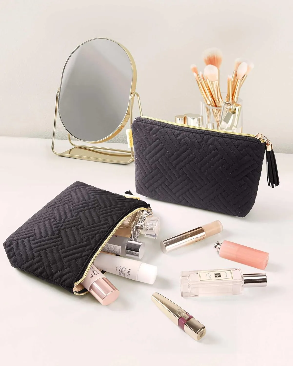 BAGSMART Small Cosmetic Bag, Makeup Bag,2 Pcs for Purse,Travel Pouch for Makeup Brushes Lipsticks Electonic Accessories, Black Black