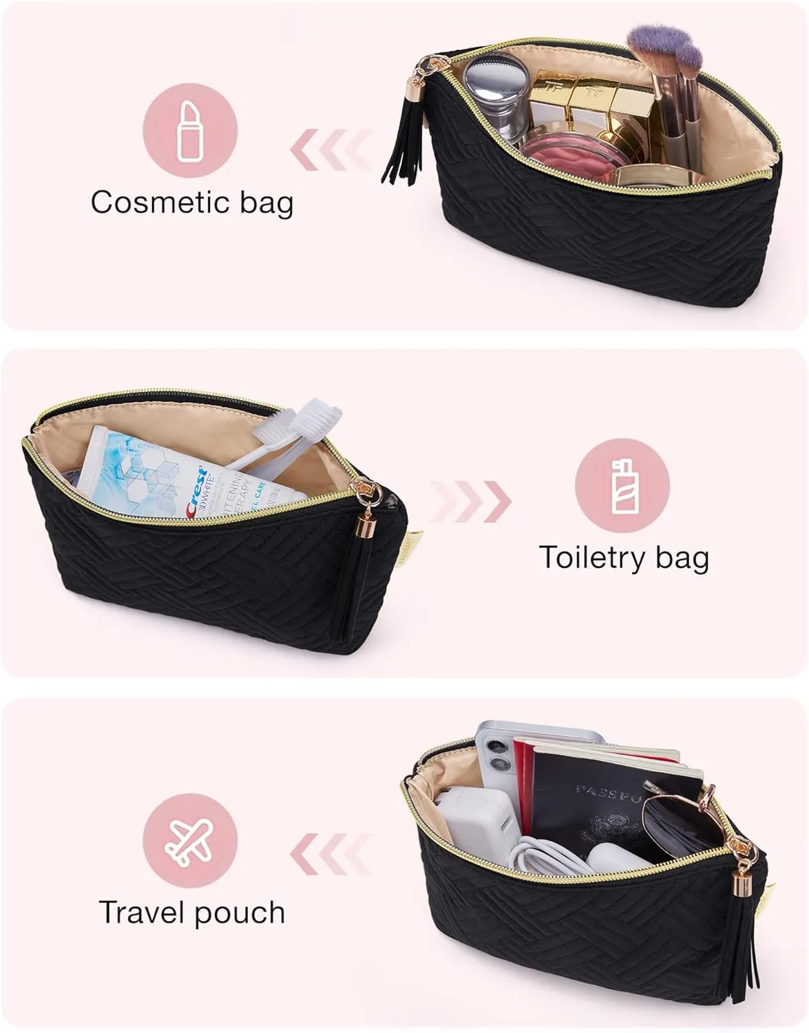 BAGSMART Small Cosmetic Bag, Makeup Bag,2 Pcs for Purse,Travel Pouch for Makeup Brushes Lipsticks Electonic Accessories, Black Black