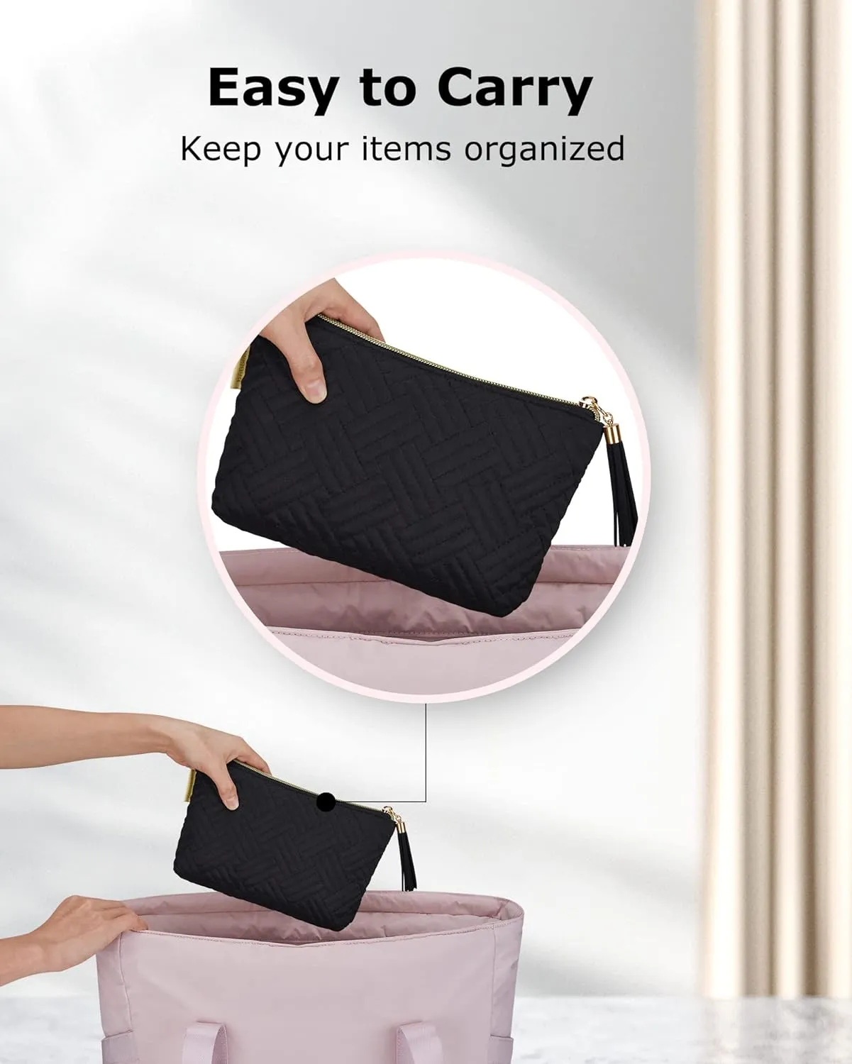 BAGSMART Small Cosmetic Bag, Makeup Bag,2 Pcs for Purse,Travel Pouch for Makeup Brushes Lipsticks Electonic Accessories, Black Black