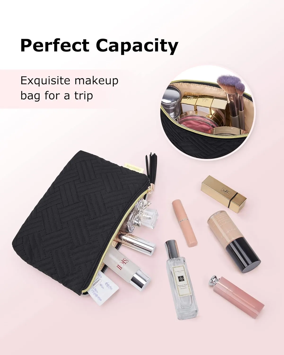 BAGSMART Small Cosmetic Bag, Makeup Bag,2 Pcs for Purse,Travel Pouch for Makeup Brushes Lipsticks Electonic Accessories, Black Black