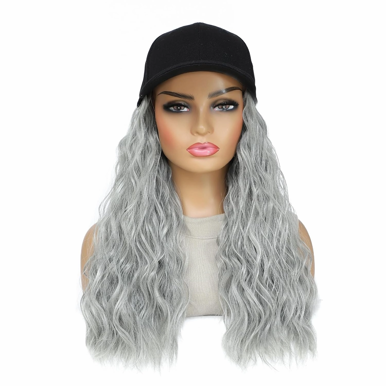 Baseball Cap Wig Natural Wavy Hair Extensions With Hat attached Heat Resistant Synthetic Adjustable Hat Wig for Women Girls (B grey, 14inch)