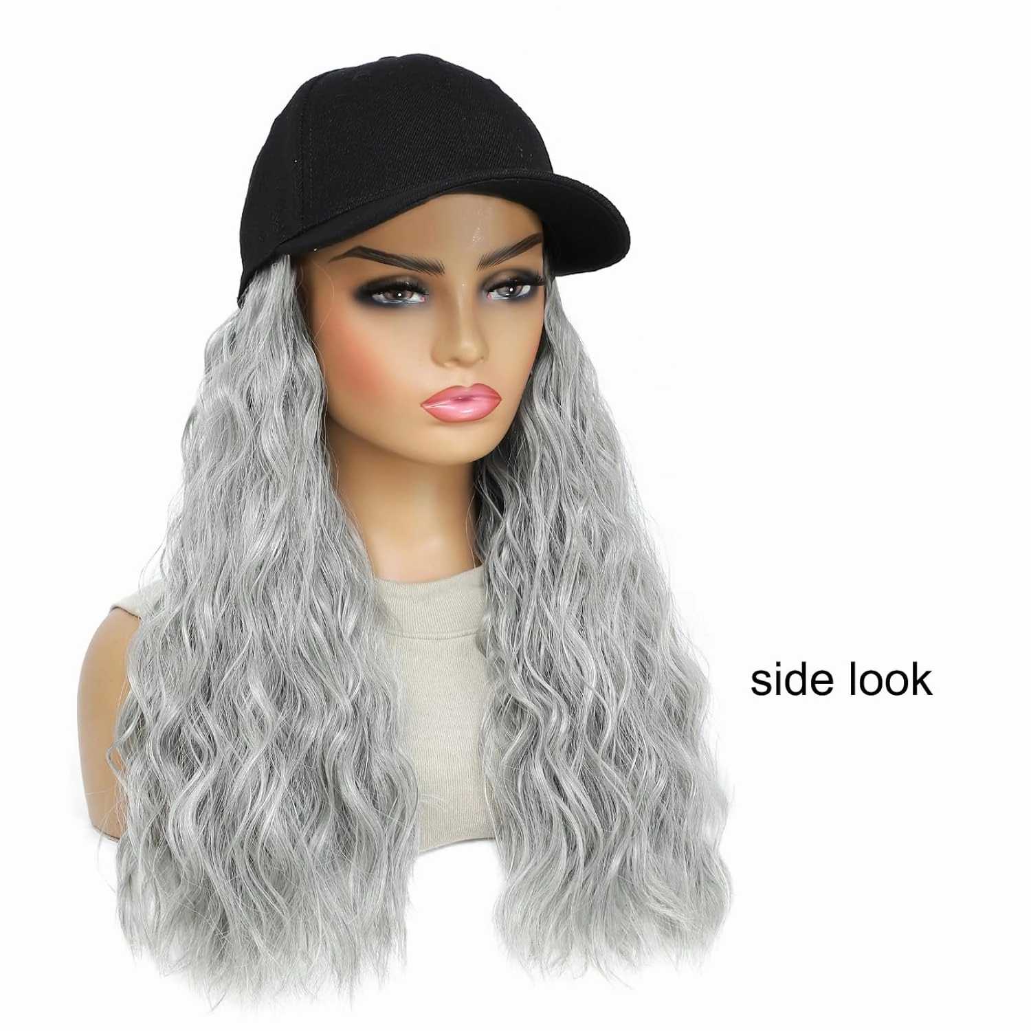 Baseball Cap Wig Natural Wavy Hair Extensions With Hat attached Heat Resistant Synthetic Adjustable Hat Wig for Women Girls (B grey, 14inch)