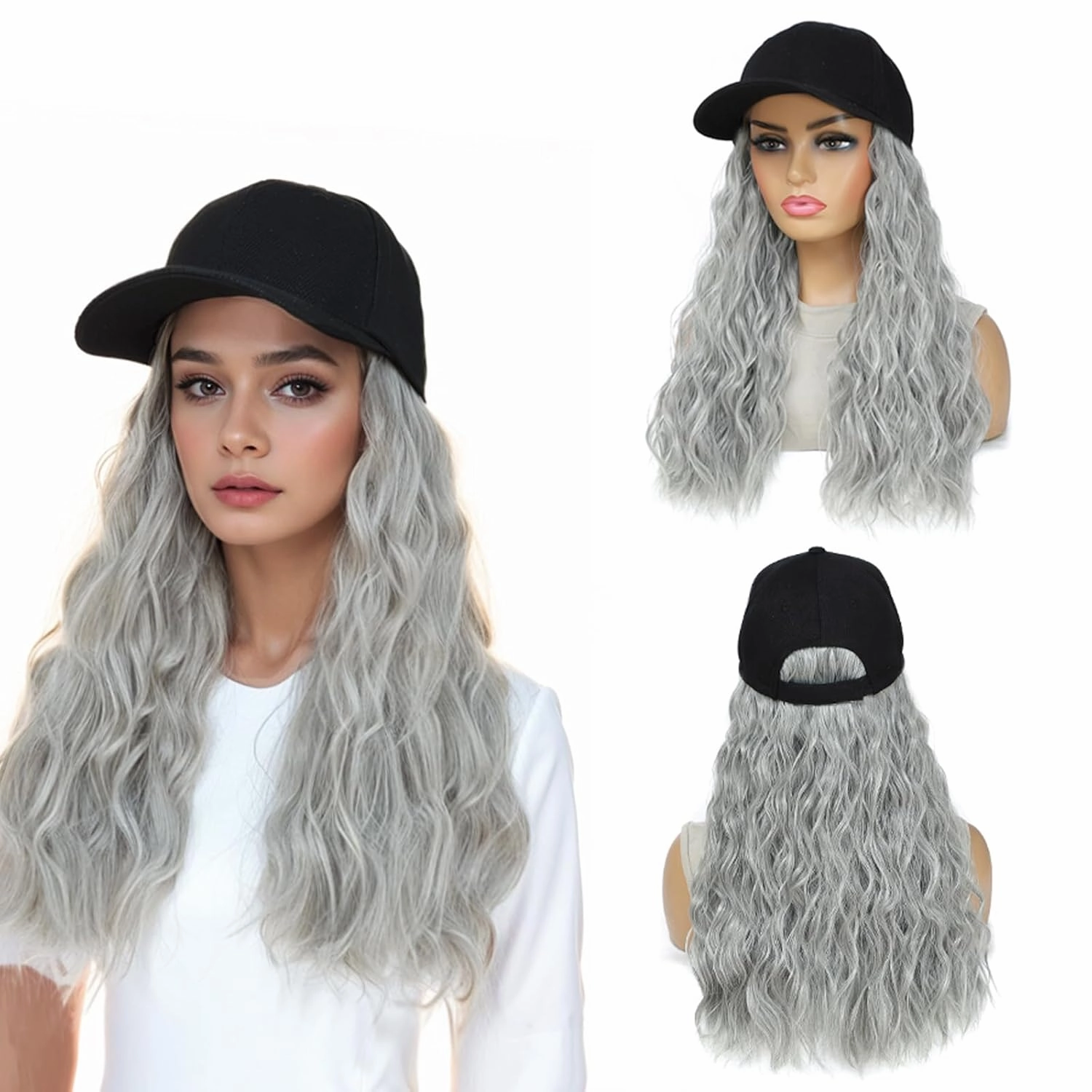 Baseball Cap Wig Natural Wavy Hair Extensions With Hat attached Heat Resistant Synthetic Adjustable Hat Wig for Women Girls (B grey, 14inch)