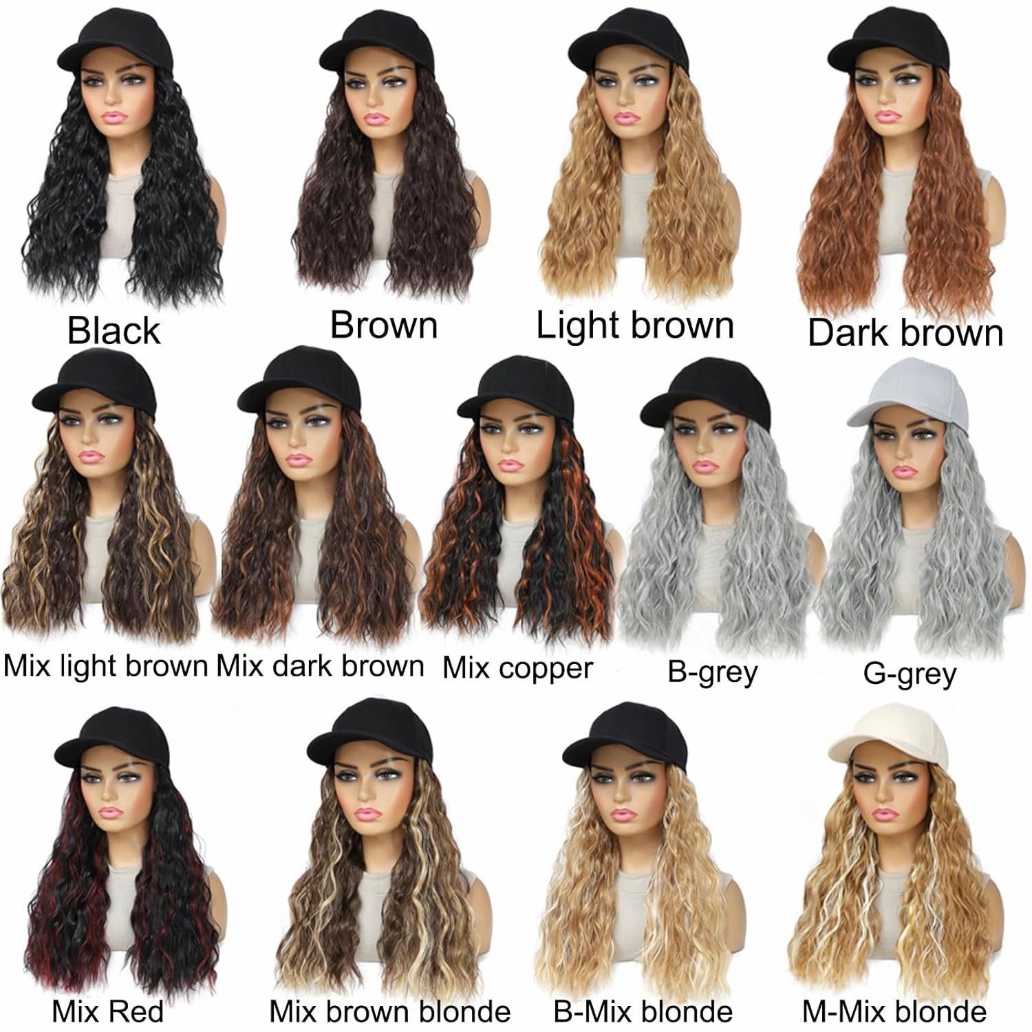 Baseball Cap Wig Natural Wavy Hair Extensions With Hat attached Heat Resistant Synthetic Adjustable Hat Wig for Women Girls (B grey, 14inch)