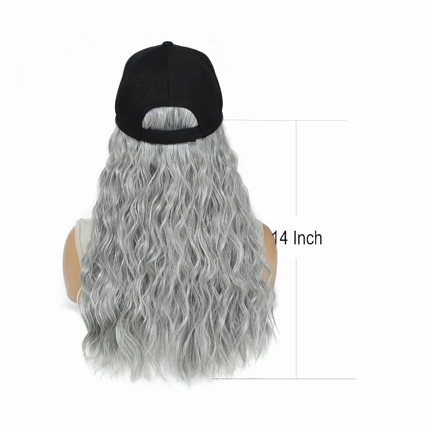 Baseball Cap Wig Natural Wavy Hair Extensions With Hat attached Heat Resistant Synthetic Adjustable Hat Wig for Women Girls (B grey, 14inch)