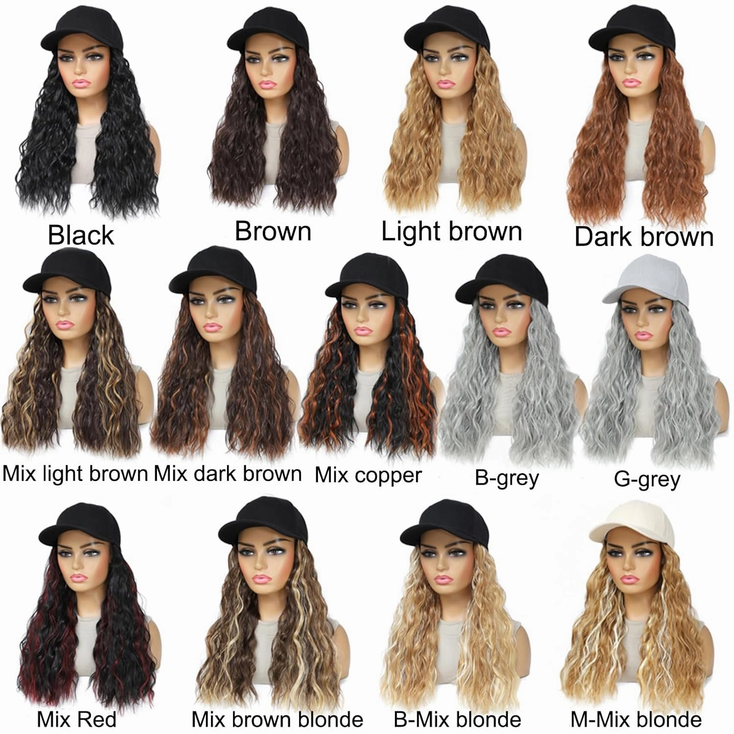 Baseball Cap Wig Natural Wavy Hair Extensions With Hat attached Heat Resistant Synthetic Adjustable Hat Wig for Women Girls (Brown, 14inch)