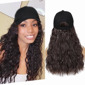 Baseball Cap Wig Natural Wavy Hair Extensions With Hat attached Heat Resistant Synthetic Adjustable Hat Wig for Women Girls (Brown, 14inch)