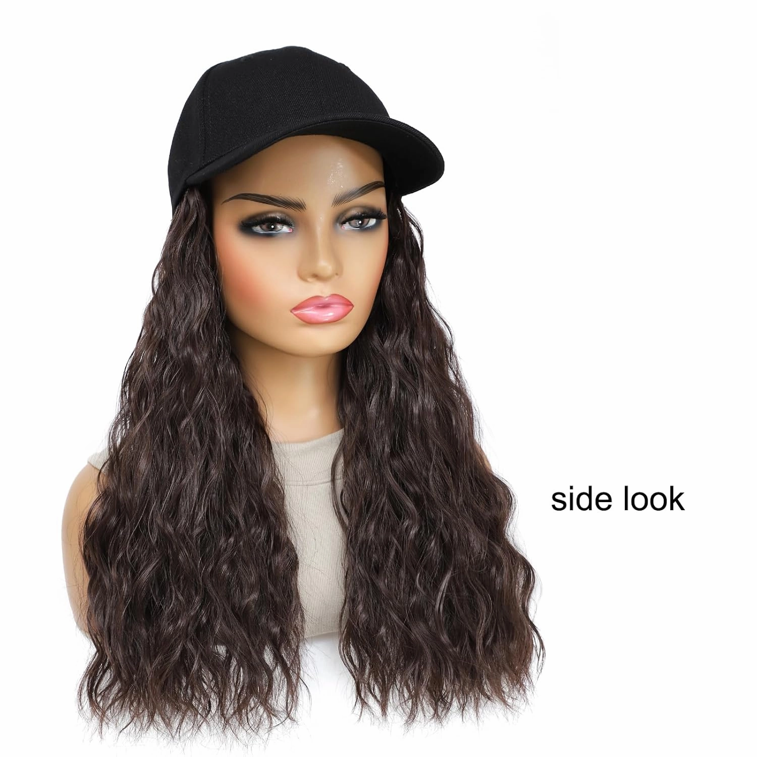 Baseball Cap Wig Natural Wavy Hair Extensions With Hat attached Heat Resistant Synthetic Adjustable Hat Wig for Women Girls (Brown, 14inch)