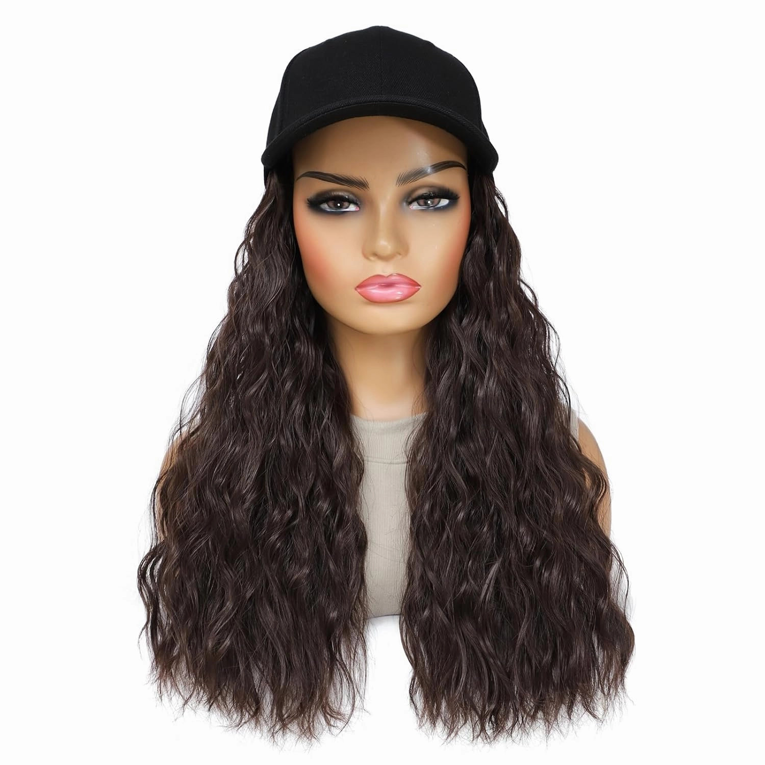 Baseball Cap Wig Natural Wavy Hair Extensions With Hat attached Heat Resistant Synthetic Adjustable Hat Wig for Women Girls (Brown, 14inch)