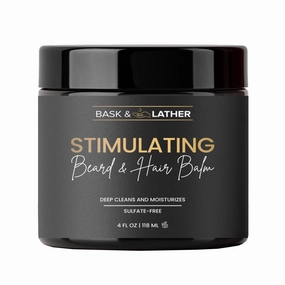 BASK & LATHER Stimulating Hair & Beard Balm, Leave-in Conditioner With Essential Oils, Mango & Shea Butter, Supports Itchy or Dry Scalp for All Types, Strengthens & Shines Beards, 4 fl oz