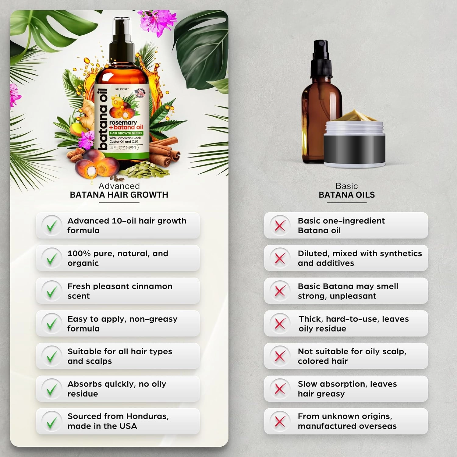 Batana Oil for Hair Growth Oil with Rosemary Castor, 100% Pure, Organic, Cold-Pressed, Unrefined Batana from Honduras by Dr. Sebi - Natural, Vegan, for Strong Roots and Thick Hair, 4oz
