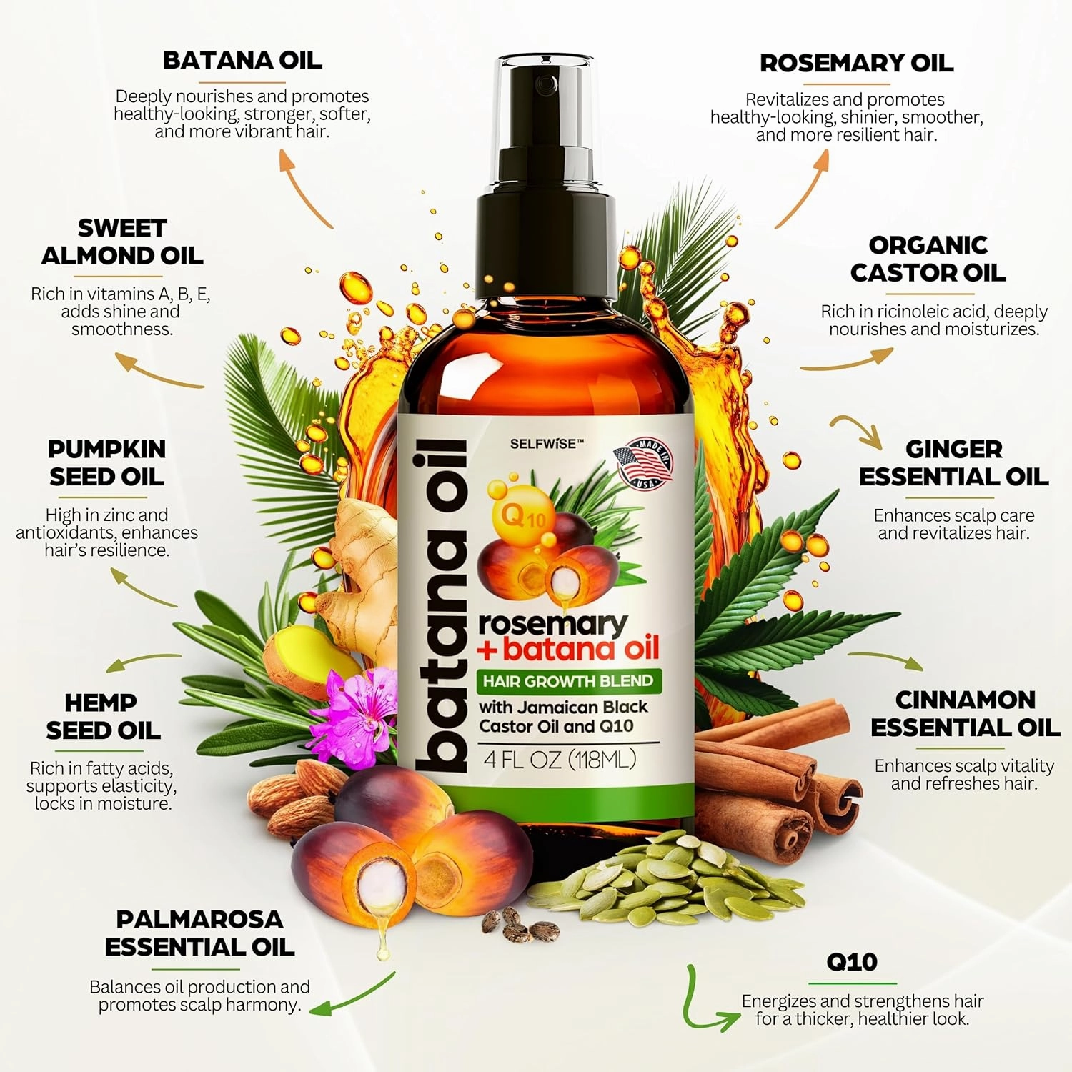 Batana Oil for Hair Growth Oil with Rosemary Castor, 100% Pure, Organic, Cold-Pressed, Unrefined Batana from Honduras by Dr. Sebi - Natural, Vegan, for Strong Roots and Thick Hair, 4oz