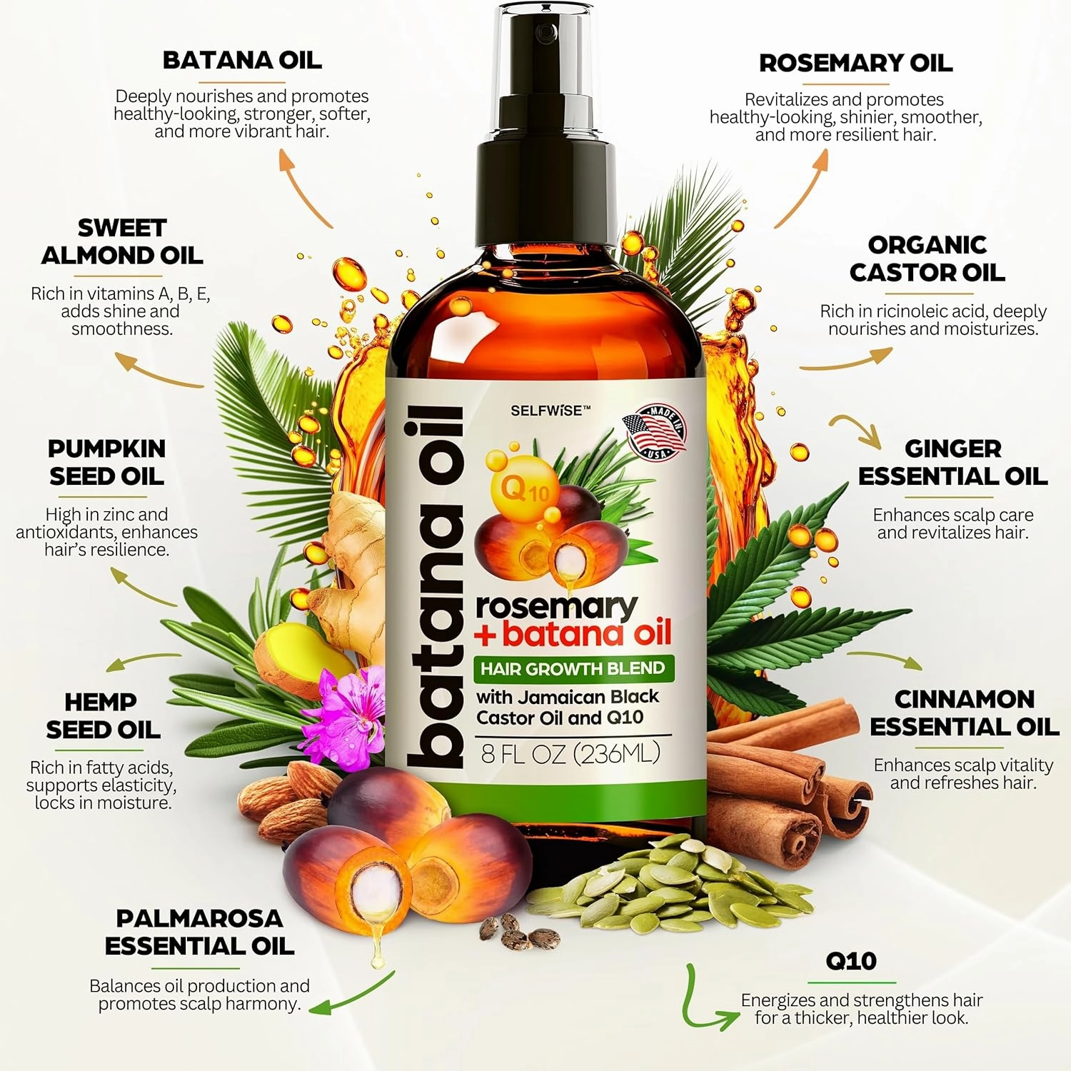Batana Oil for Hair Growth Oil with Rosemary Castor, 100% Pure, Organic, Cold-Pressed, Unrefined Batana from Honduras by Dr. Sebi - Natural, Vegan, for Strong Roots and Thick Hair, 8oz