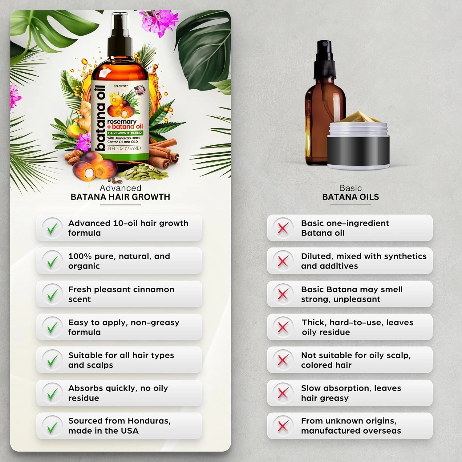 Batana Oil for Hair Growth Oil with Rosemary Castor, 100% Pure, Organic, Cold-Pressed, Unrefined Batana from Honduras by Dr. Sebi - Natural, Vegan, for Strong Roots and Thick Hair, 8oz