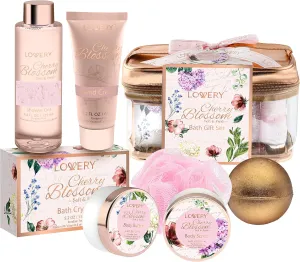 Bath and Body Gift Basket For Women, Cherry Blossom Home Spa Set, Body Lotion, Shower Gel, Extra Large Bath Bomb, Body Butter, Body Scrub, Bath Crystal, Puff & Rose Gold Cosmetic Bag