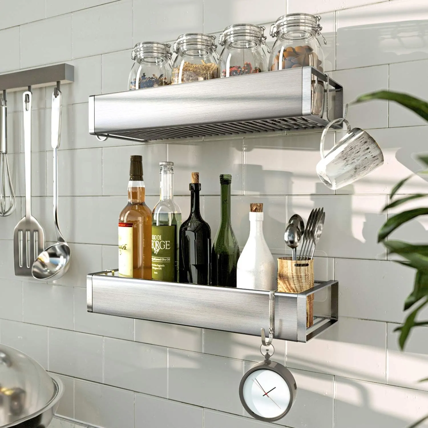 Bathroom Adhesive Shower Caddy Basket Shelf with Hooks, No Drilling Removable Bathroom Shelf Organizer,Stainless Steel Rustproof Shower Rack for Shampoo Storage, Sponge Holder-Silver