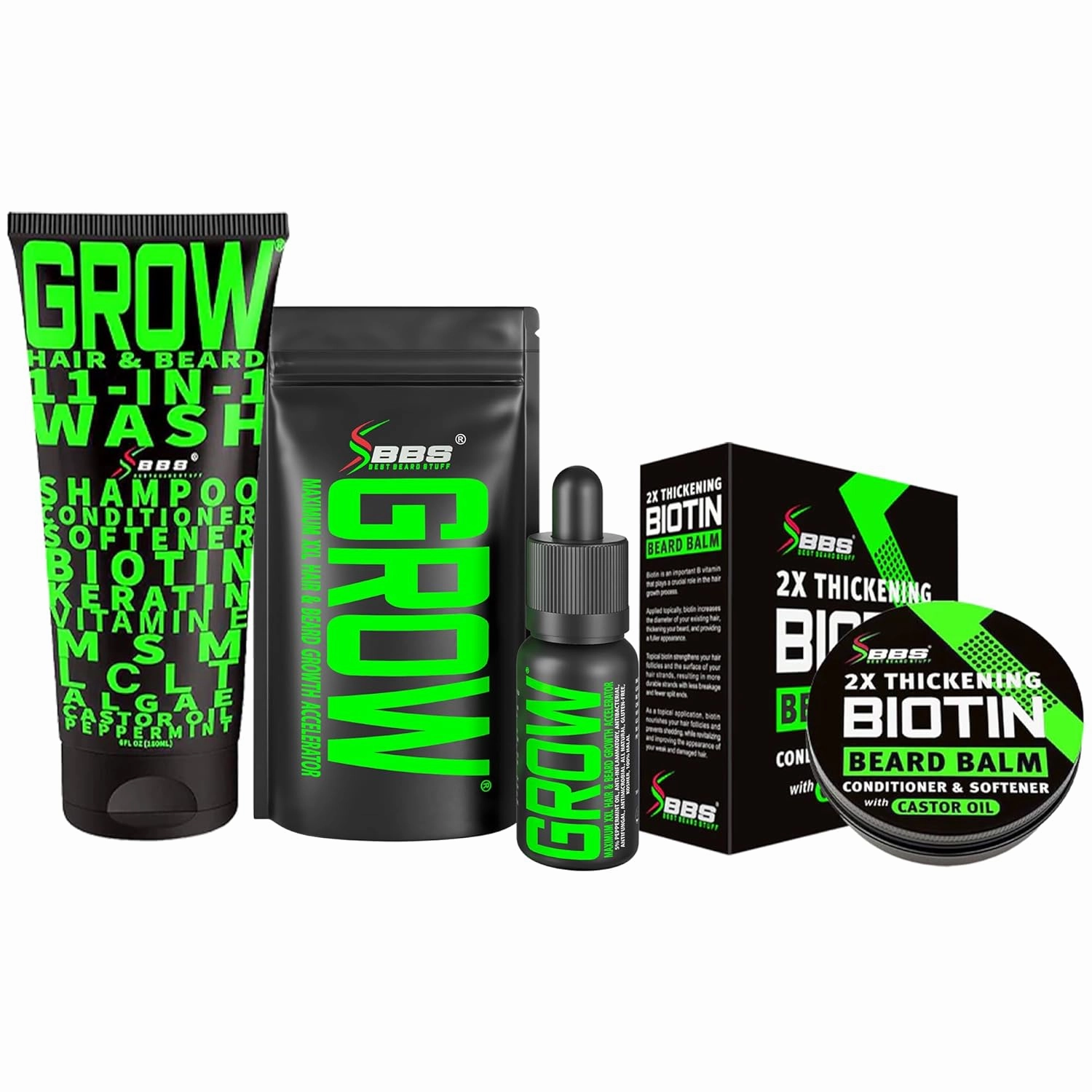 Beard Growth Kit w/ 2X Biotin Beard Balm for Men   GROW Hair & Beard Shampoo (11-in-1 Biotin Shampoo for Men)   GROW Beard Growth Oil for Men BBS USA