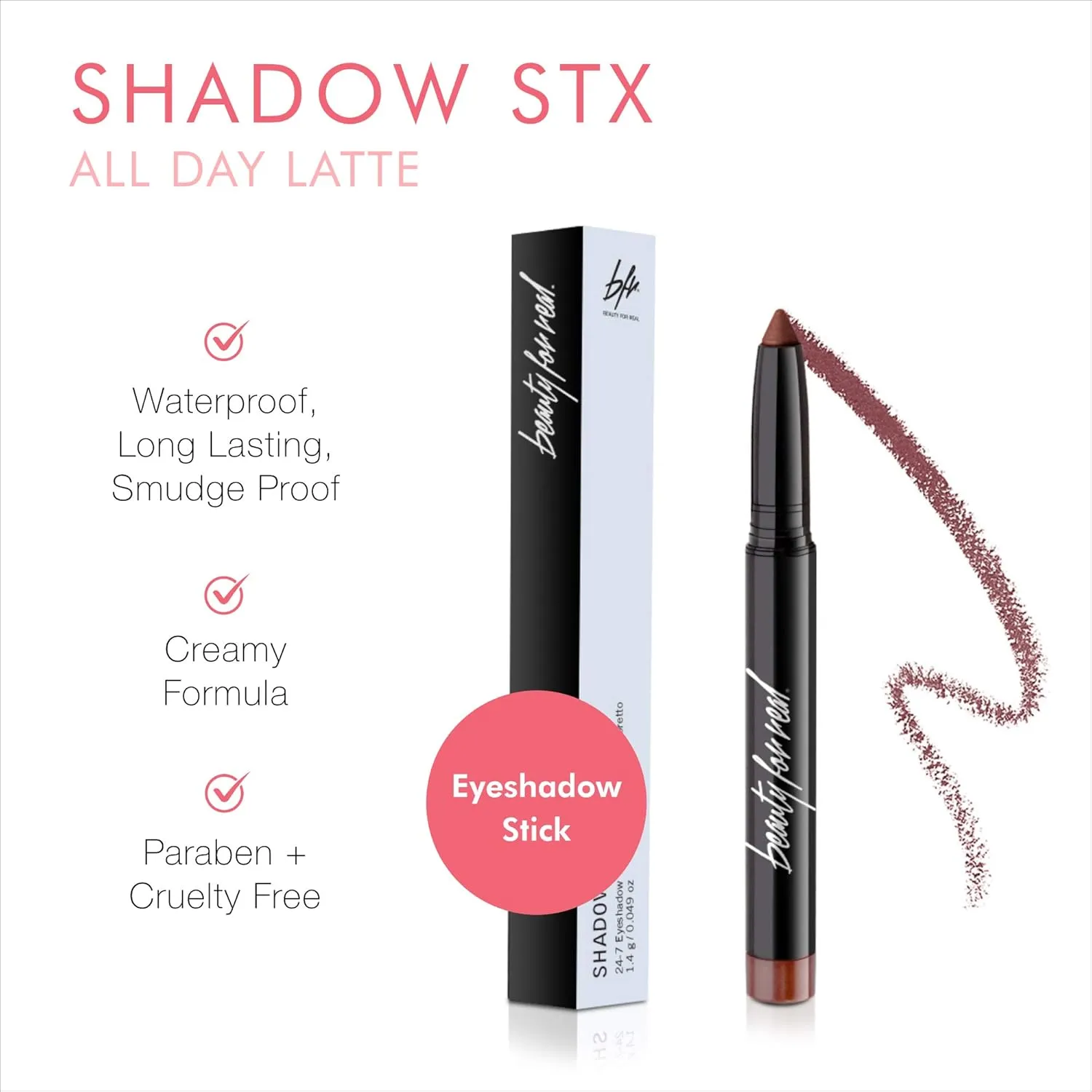 Beauty For Real Shadow Stx, All Day Latte - Rich Deep Plum - Waterproof, Cream-to-Powder Eyeshadow Stick - Built-in Sharpener - 0.05 oz
