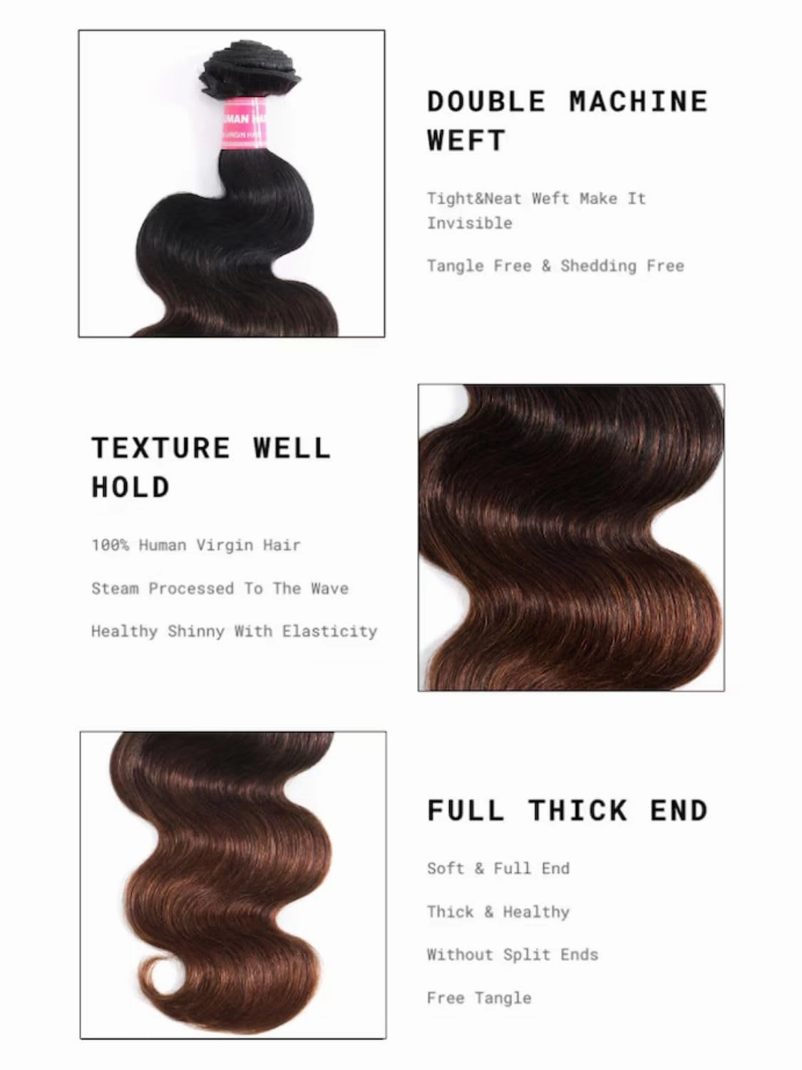 Beauty Forever Chestnut Brown Ombre Body Wave Human Hair Weave 1 Bundle 18inch Brazilian Unprocessed Virgin Remy Human Hair Wavy Sew in Human Hair Extensions