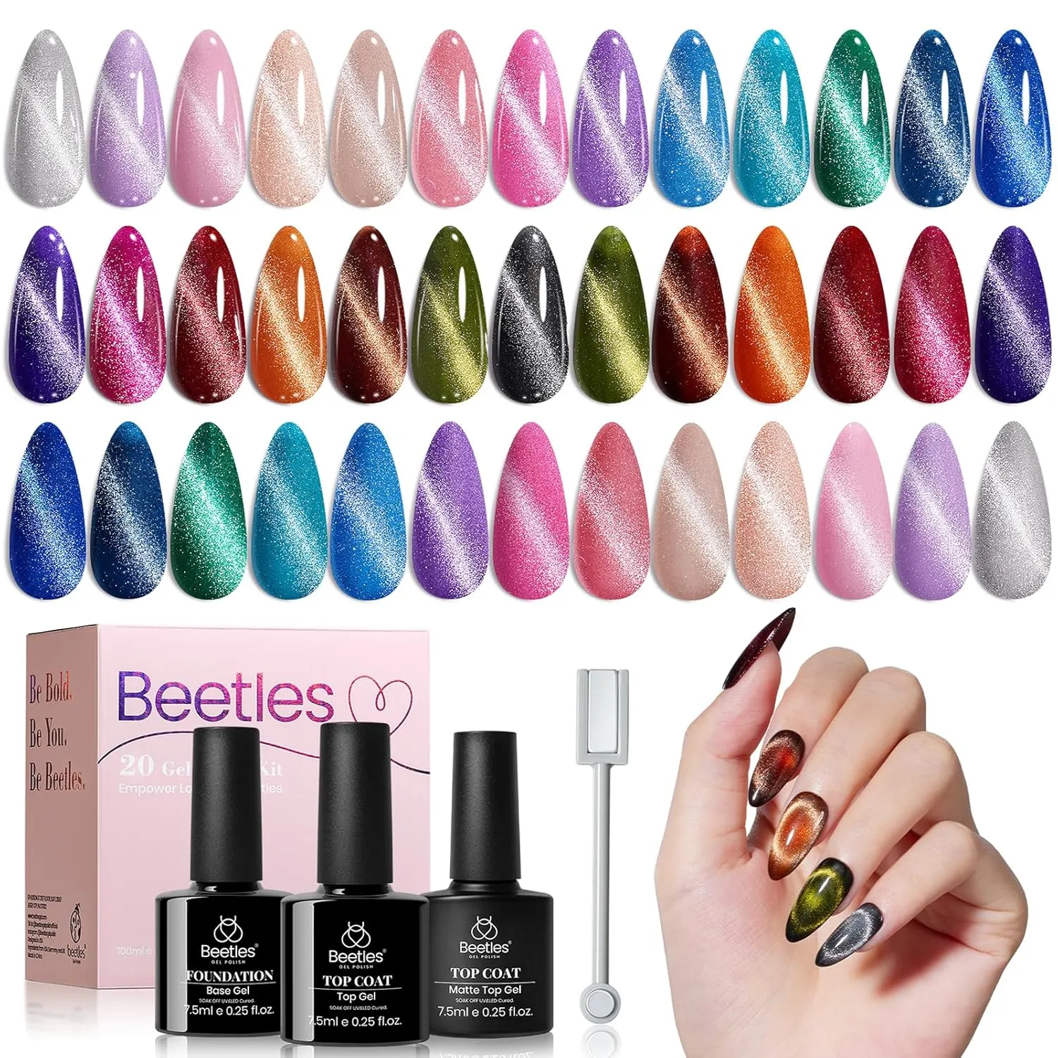 Beetles 20 Colors Cat Eye Gel Nail Polish Set with Base Gel and Matte Glossy Top Coat, Nude Pink Green Blue Nail Polish Lush Velvet with Magnet Soak Off LED Manicure Salon DIY Art Gifts for Women