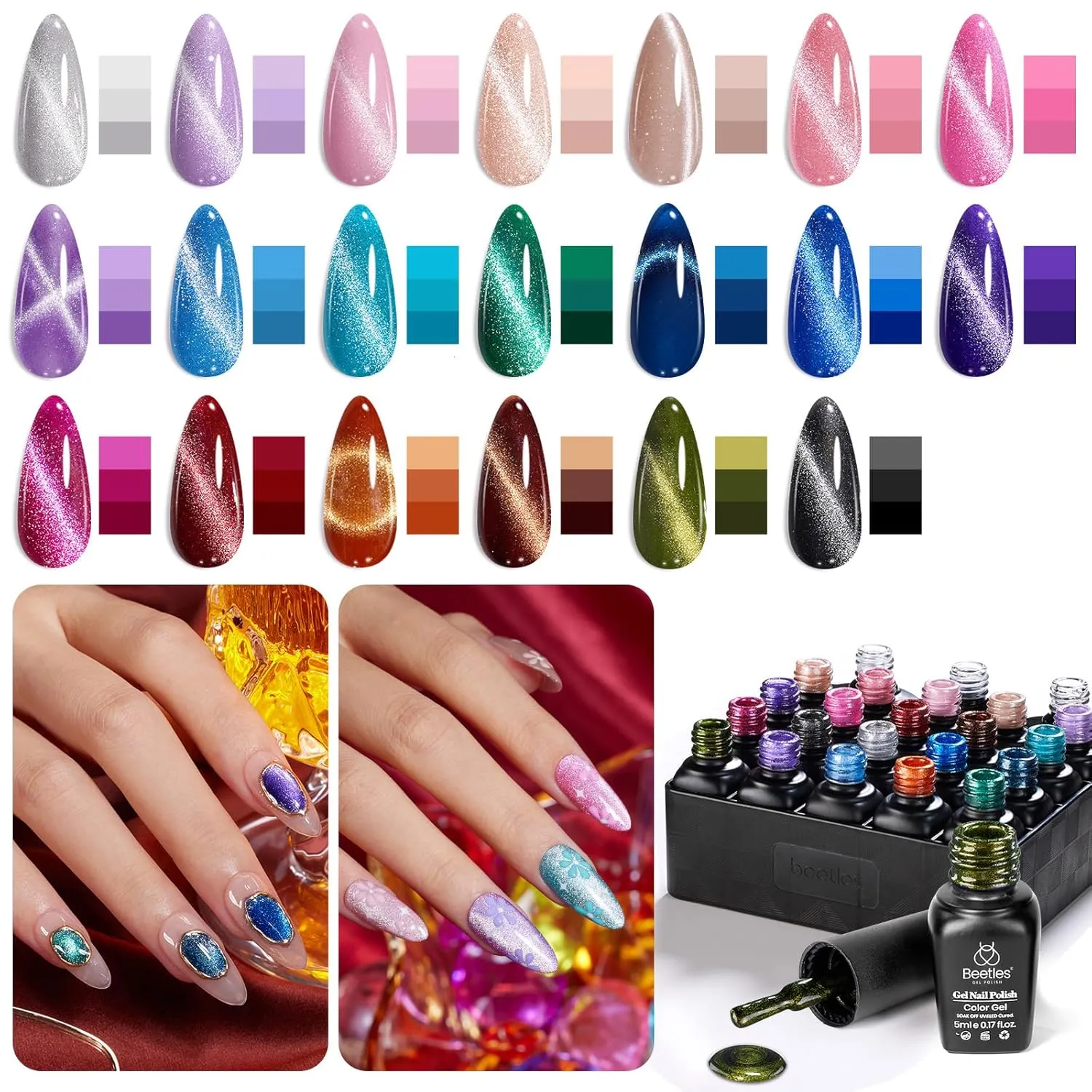 Beetles 20 Colors Cat Eye Gel Nail Polish Set with Base Gel and Matte Glossy Top Coat, Nude Pink Green Blue Nail Polish Lush Velvet with Magnet Soak Off LED Manicure Salon DIY Art Gifts for Women