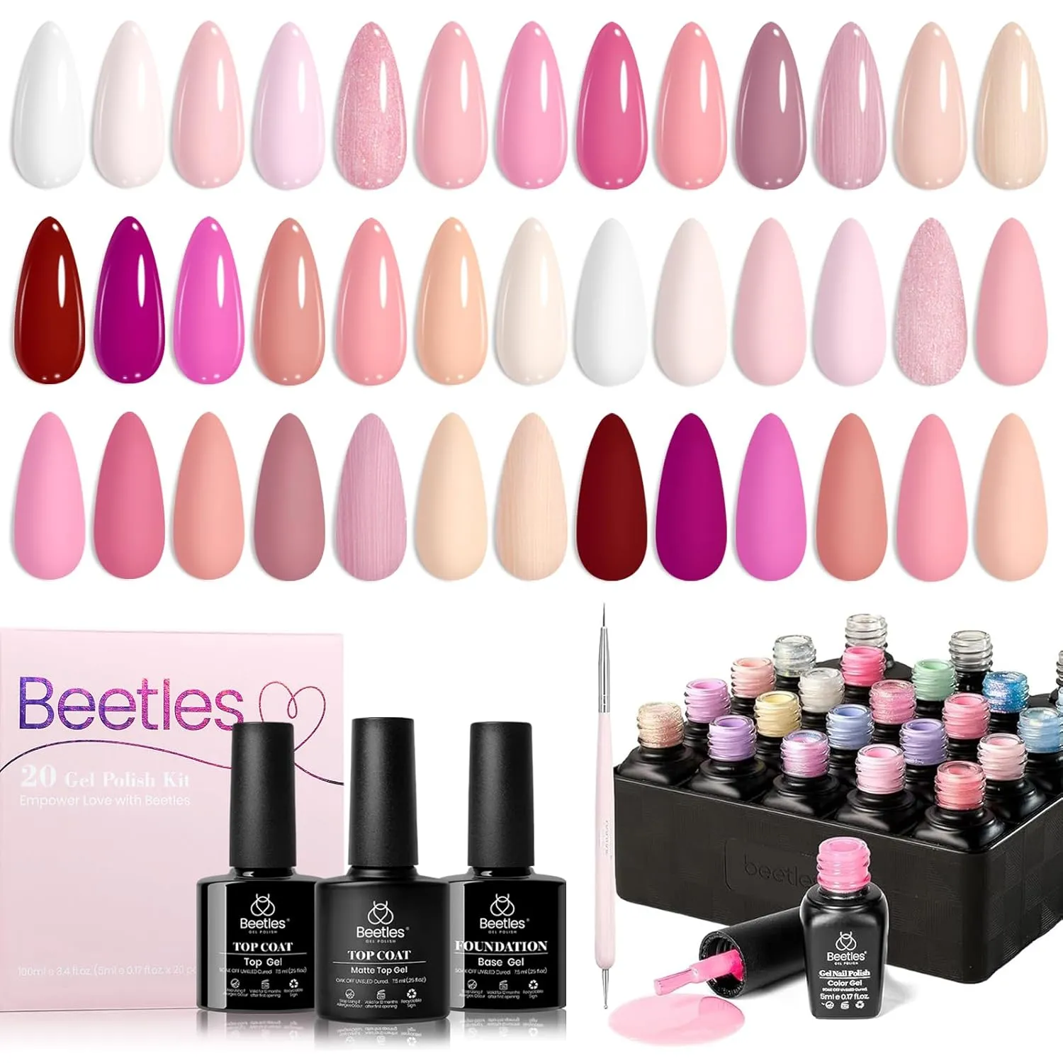 Beetles Gel Nail Polish 23Pcs Nude Pink Gel Polish Set Dare to Bare Collection Soak off Uv Led Lamp Needed Manicure with 3Pcs Base Coat Matte Glossy Gifts for Mom