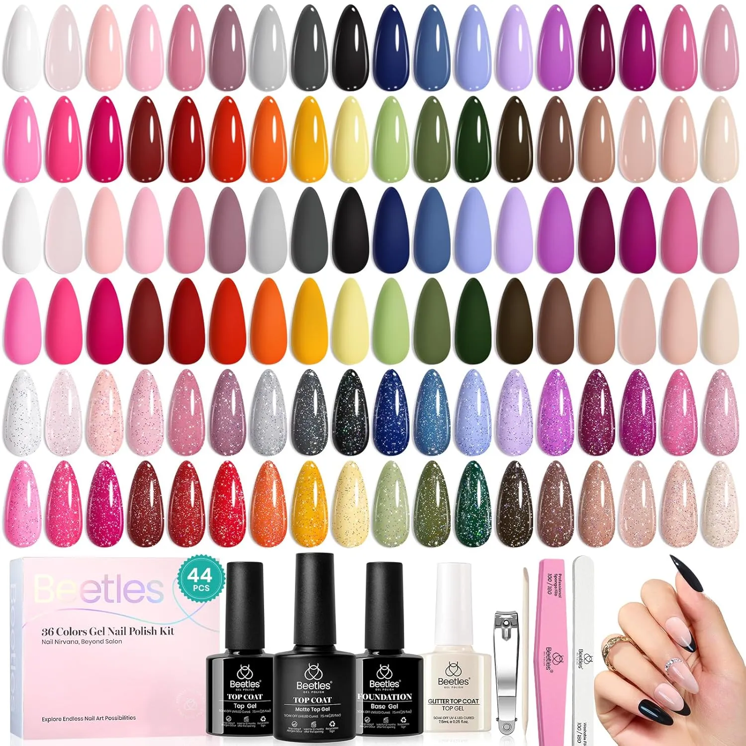 beetles Gel Polish 44pcs Gel Nail Polish Set 36 Colors Nude White Hot Pink Red Blue Black Brown with Base Coat Glossy Matte Glitter Top Coat Gifts for Women Colorful Muse