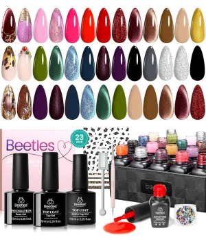 Beetles Gel Polish Kit, Cat Eye Glitter 20 Colors Spring Summer Gel Polish With Sticker Rainbow Rhinestone Base Coat Glossy & Matte Top Coat Mob Wife Collection All Seasons Gifts for Women