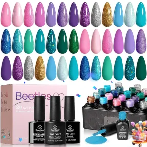 Beetles Summer Mermaid Gel Nail Polish Set, 20 Colors Blue Green Pink Purple Shimmery Glitter Summer Gel Polish Kit with Base Gel Top Coat Soak off Uv Nail Gel Gift for Girls
