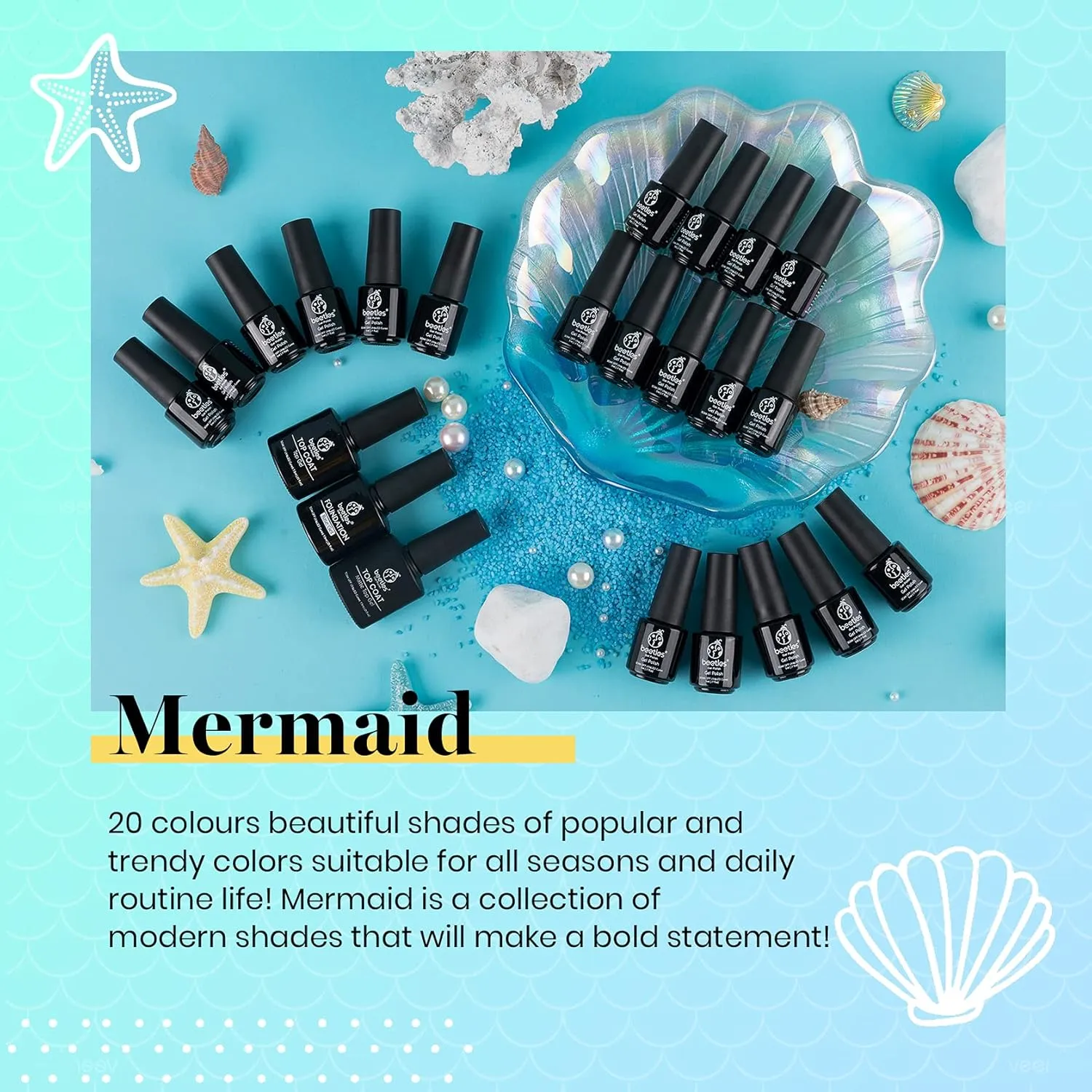 Beetles Summer Mermaid Gel Nail Polish Set, 20 Colors Blue Green Pink Purple Shimmery Glitter Summer Gel Polish Kit with Base Gel Top Coat Soak off Uv Nail Gel Gift for Girls
