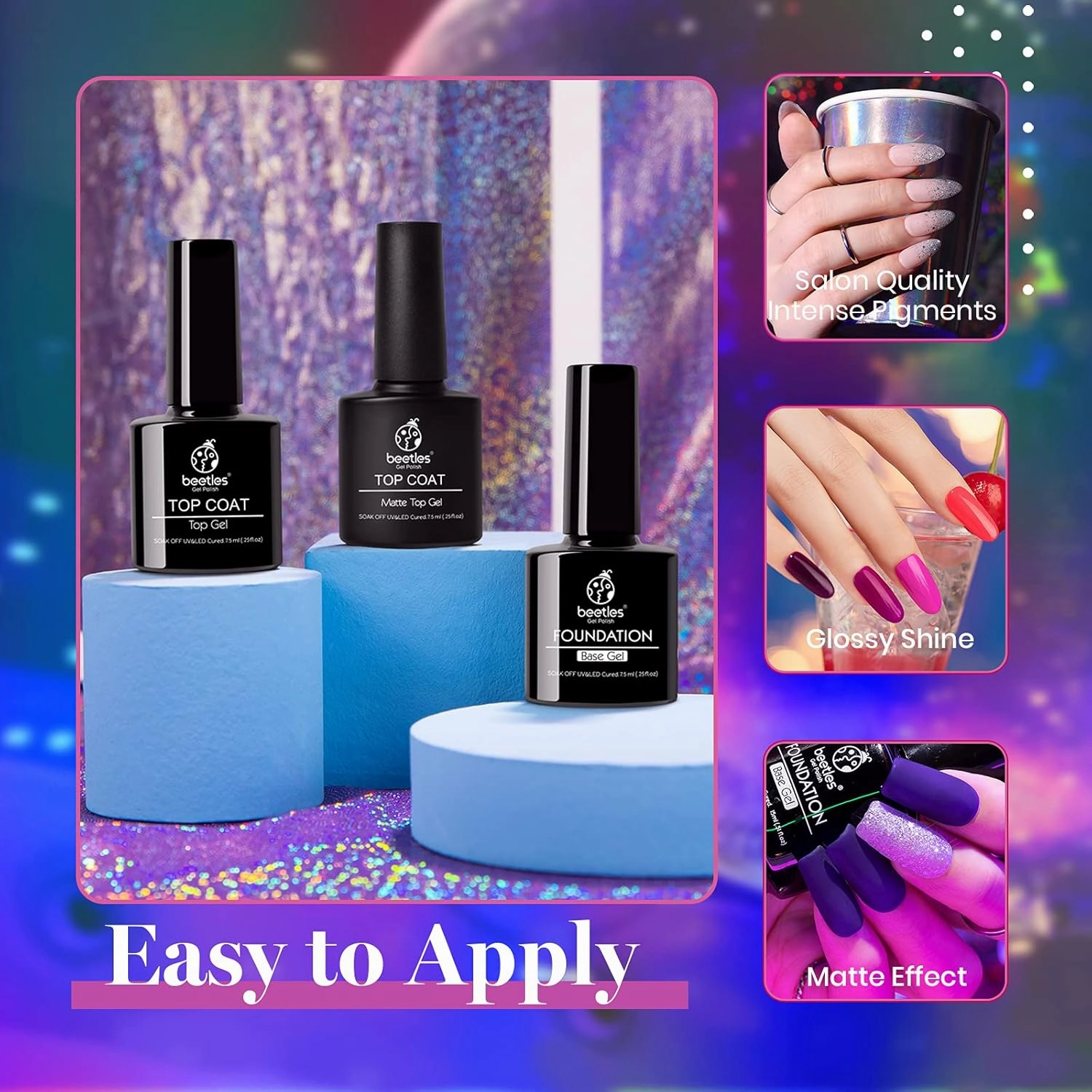 Beetles 20 Colors Gel Nail Polish Kit Midnight Euphoria Collection 23 Pcs Purple Blue Hot Pink Glitter Gel Polish Set Rainbow Soak off Uv Glossy & Matte Top Base Coat Gift for Women