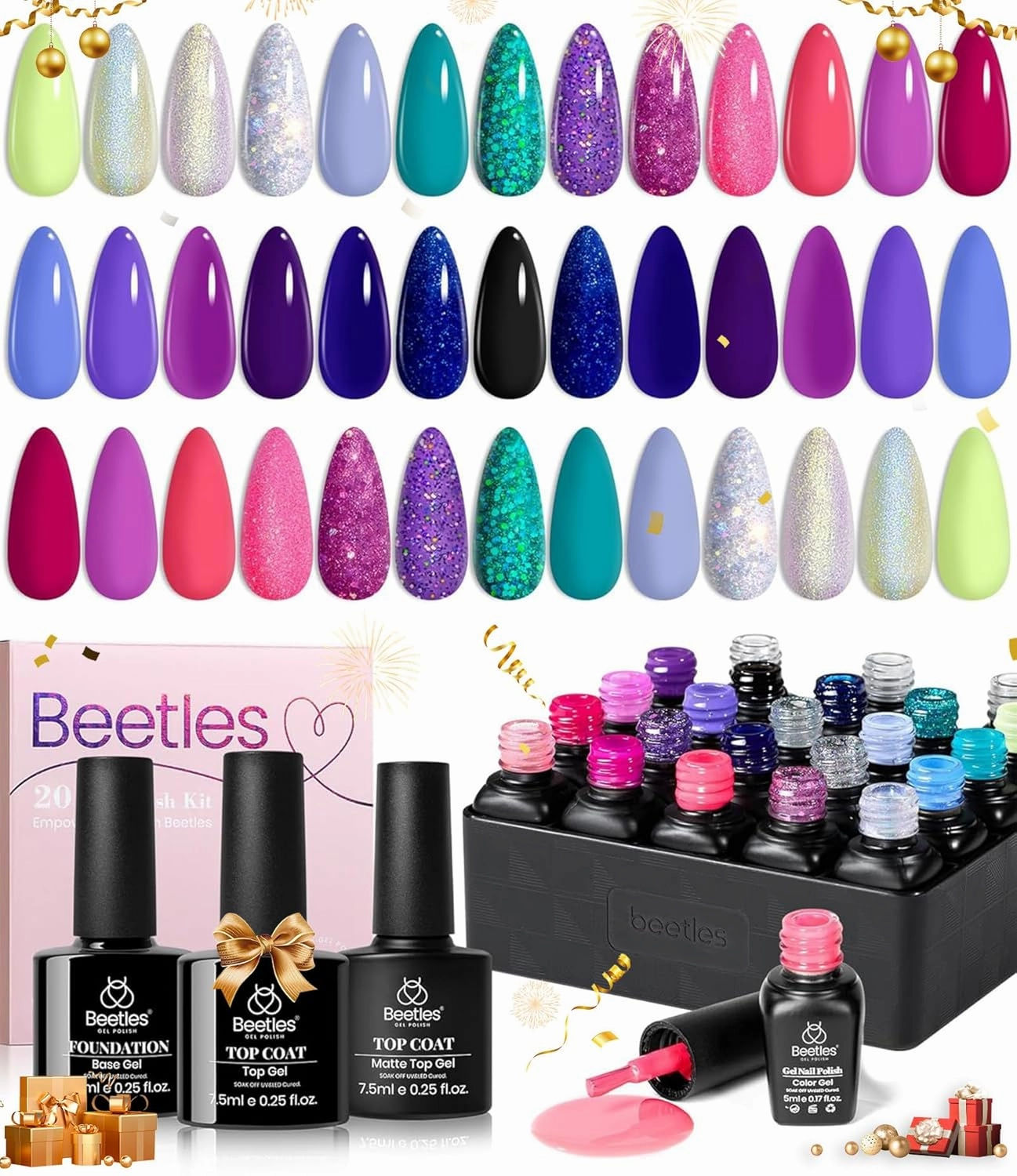 Beetles 20 Colors Gel Nail Polish Kit Midnight Euphoria Collection 23 Pcs Purple Blue Hot Pink Glitter Gel Polish Set Rainbow Soak off Uv Glossy & Matte Top Base Coat Gift for Women