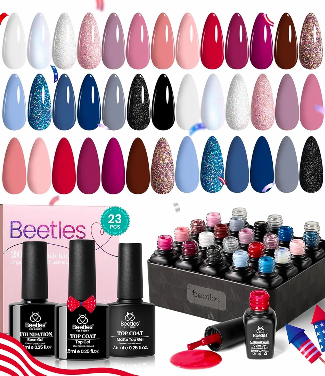 Beetles 4th of July Gel Nail Polish Set 20 Colors Red Blue White Nails with No Wipe Base and Glossy & Matte Top Coat for Soak-off UV Light Gel Nail Art Manicure Set DIY at Home Gifts for Women Girls