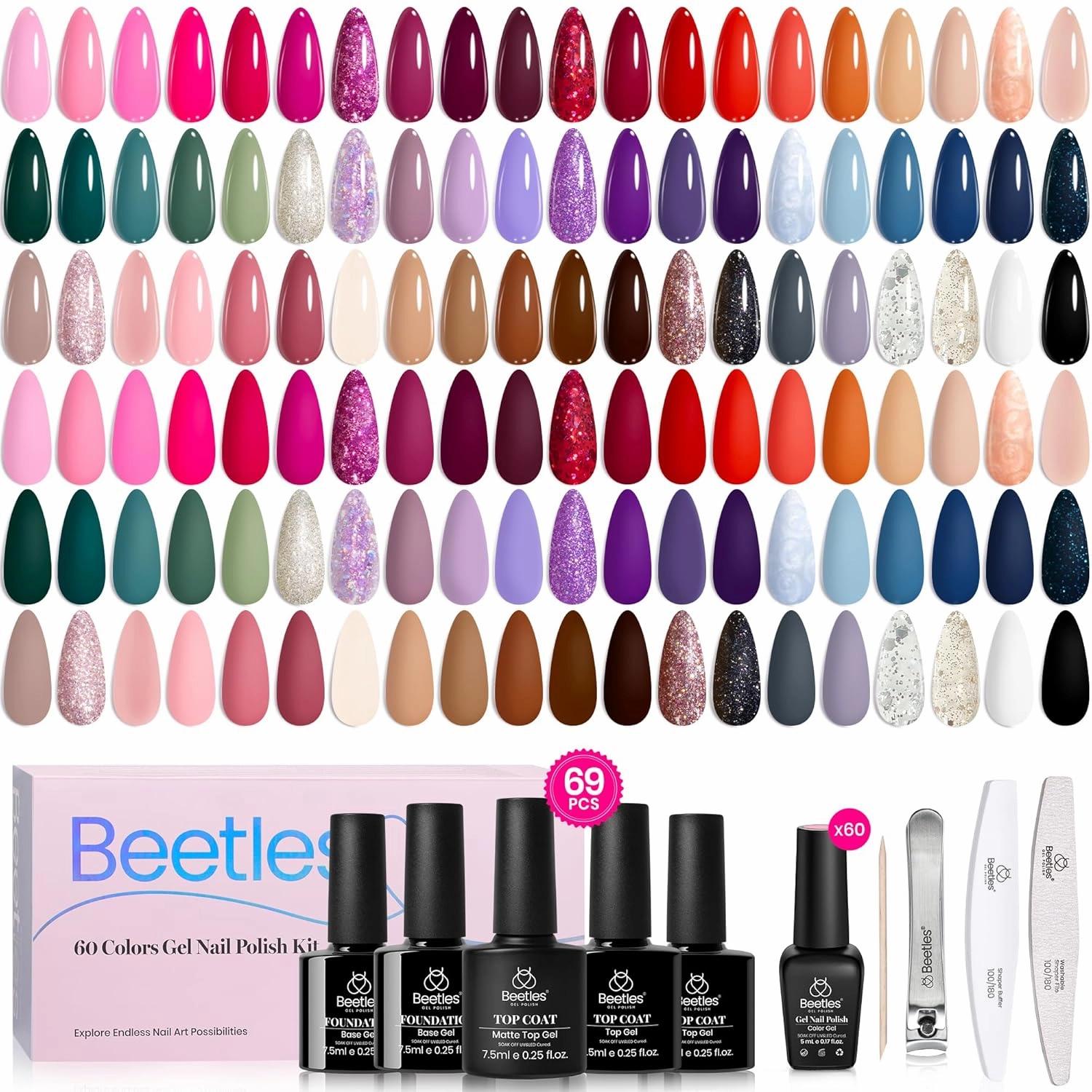 Beetles 60 Colors Gel Nail Polish Set, Summer Gel Polish Kit Glitter Hot Pink Orange Red Blue White Black 69 Pcs with 5Pcs Base Top Coat Gel Gifts for Women Exquisite Femininity