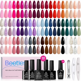 Beetles 60 Colors Gel Nail Polish Set, Summer Gel Polish Kit Glitter Hot Pink Orange Red Blue White Black 69 Pcs with 5Pcs Base Top Coat Gel Gifts for Women Exquisite Femininity