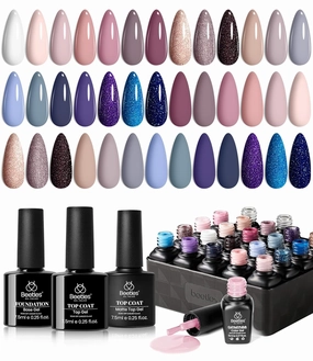 Beetles Gel Nail Polish Kit, 23Pcs Nude Pink Gel Polish White Gray Baby Blue Glitters Nail Polish Set with Glossy Matte Top Coat and Base CoatCollection U V Soak Off Manicure Gift For Women