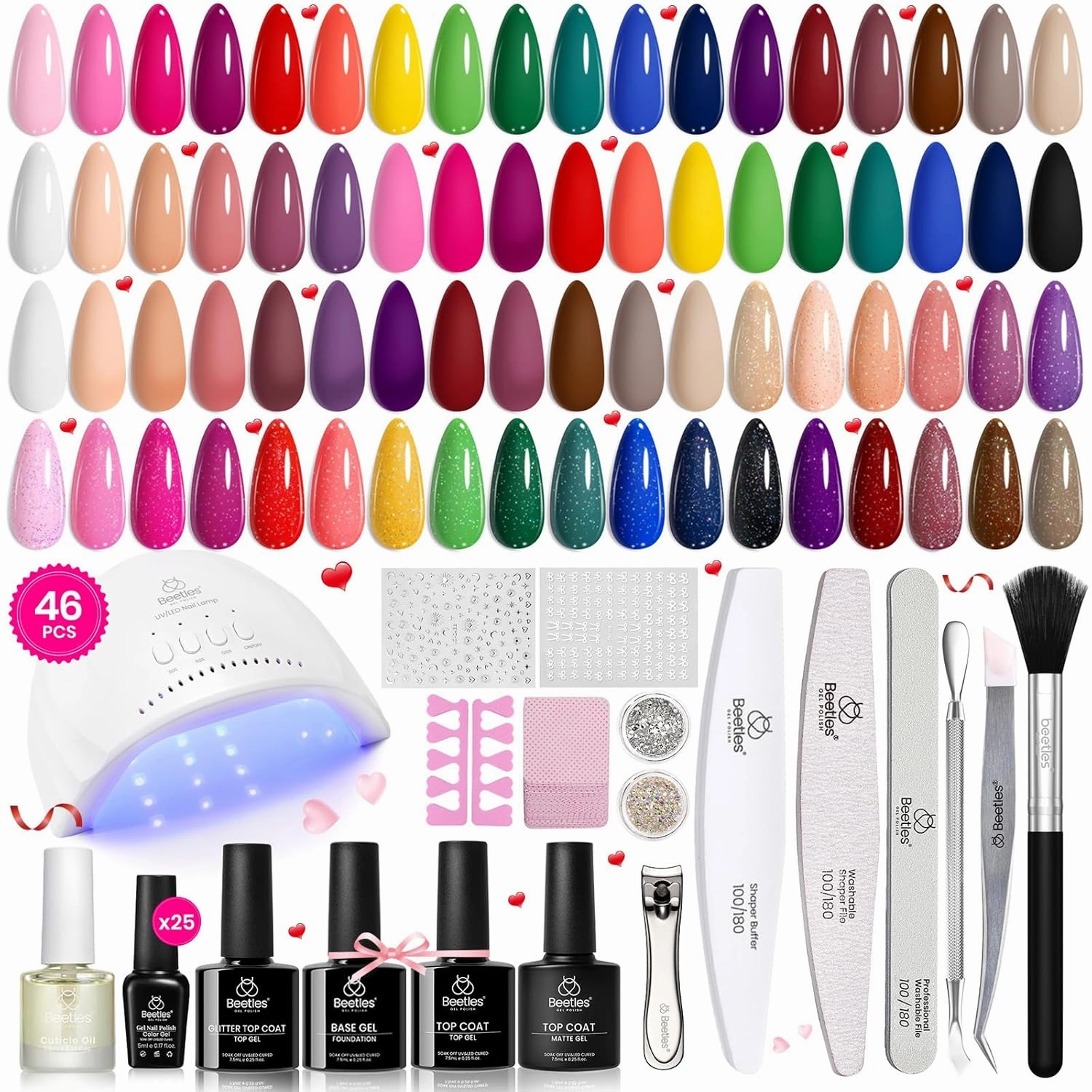 Beetles Gel Nail Polish Kit with UV Light, 46 PCS 25 Colors Valentines Gel Nail Polish Set Base Glossy Matte Glitter Top Coat Gel Polish Red Green Brown Blue Pink Nude Gel Manicure Gift for Women