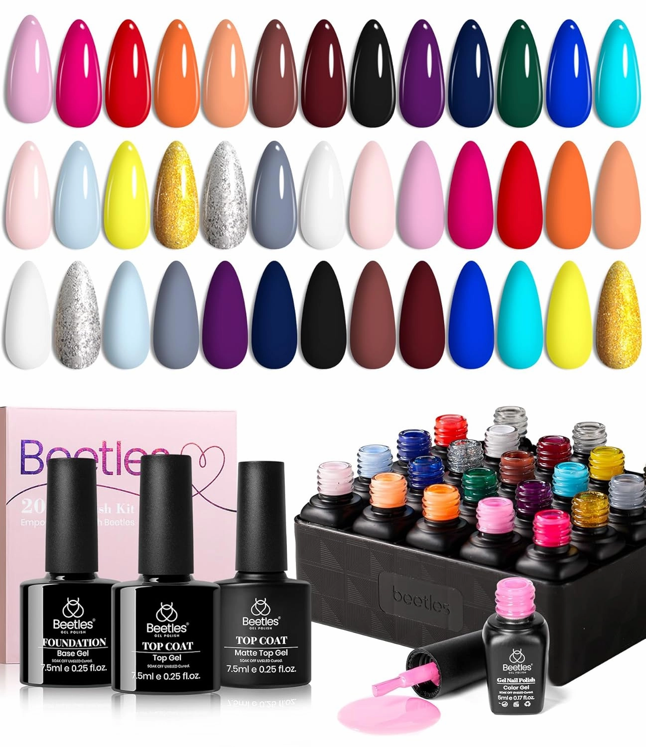 Beetles Gel Nail Polish Set - 20 Pcs Neon Nail Gel Polish Set Soak Off Uv LED Gold Sliver Glitter Nail Polish Kit Blue Pink Black White Uv for Nail Art Salon Gift for Women