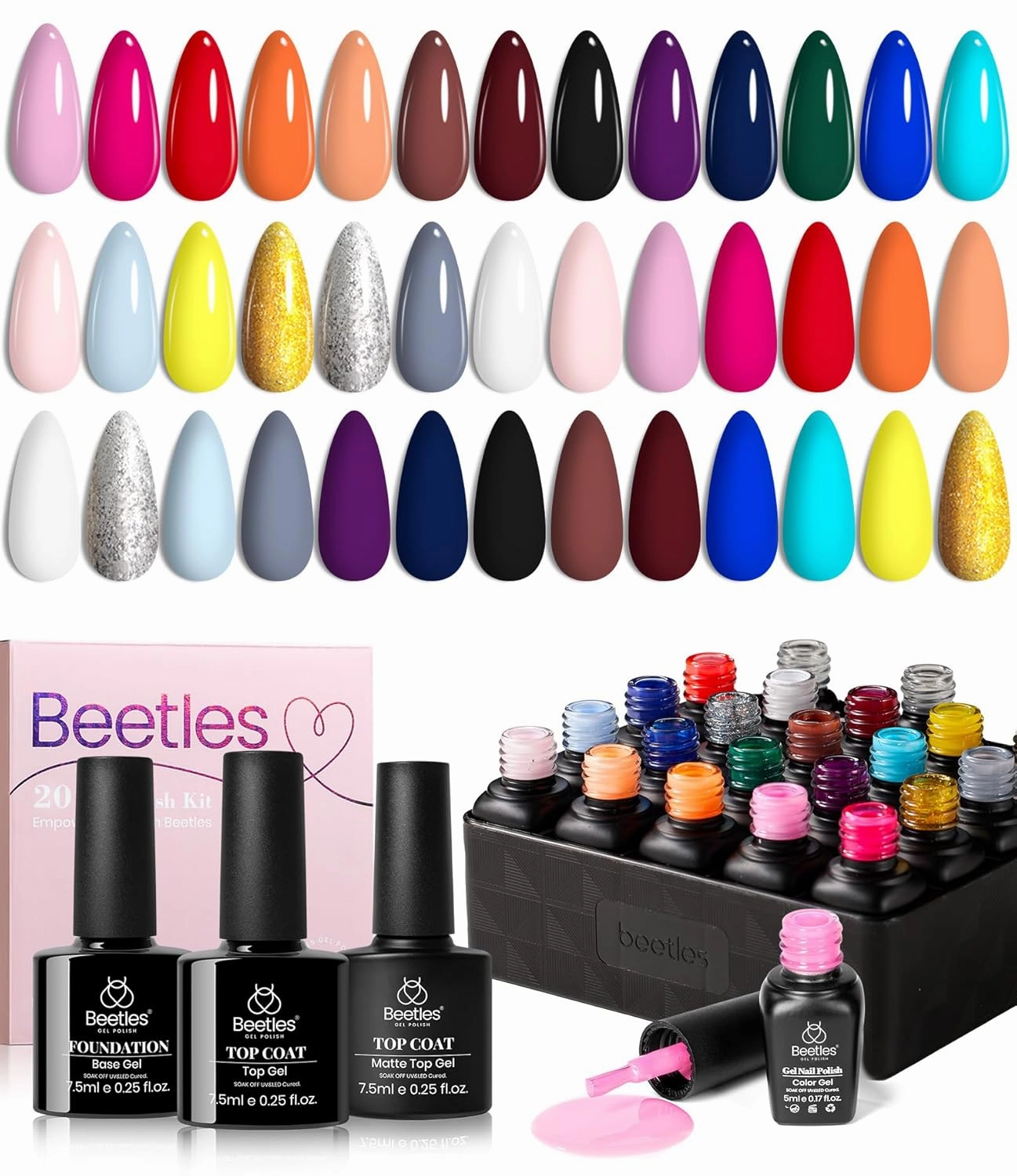 Beetles Gel Nail Polish Set - 20 Pcs Neon Nail Gel Polish Set Soak Off Uv LED Gold Sliver Glitter Nail Polish Kit Blue Pink Black White Uv for Nail Art Salon Gift for Women