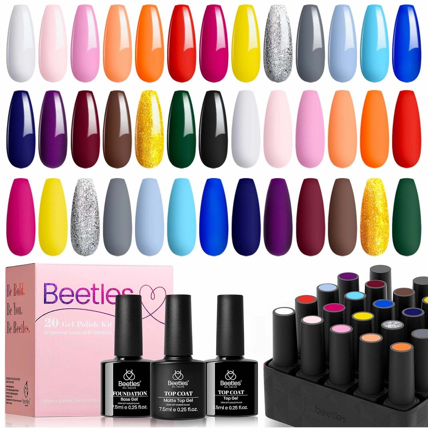 Beetles Gel Nail Polish Set - 20 Pcs Neon Nail Gel Polish Set Soak Off Uv LED Gold Sliver Glitter Nail Polish Kit Blue Pink Black White Uv for Nail Art Salon Gift for Women