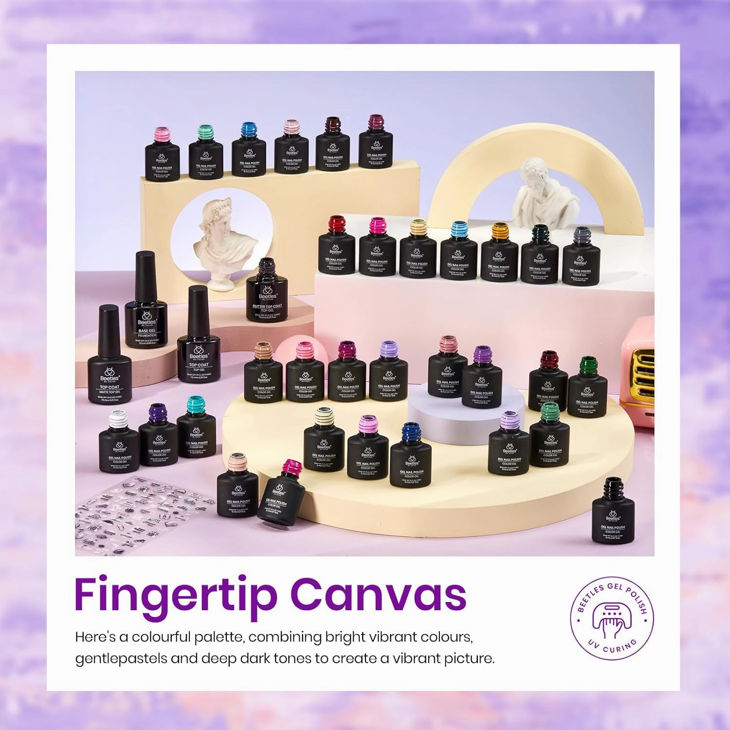 beetles Gel Polish Set All Seasons Gel Nail Polish Kit Neon Black White Red Blue Nude Green Purple Orange 32 Colors with Base Coat Glossy Matte and Glitter Top Coat Gifts for Women Fingertips Canvas