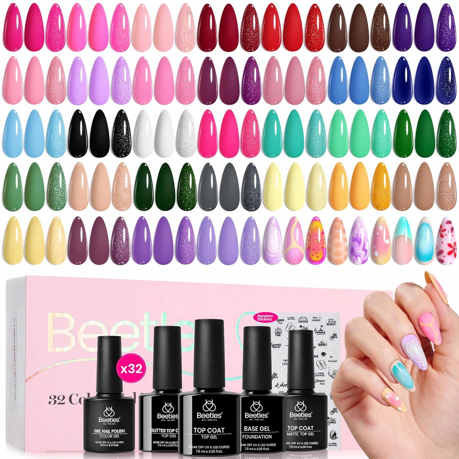 beetles Gel Polish Set All Seasons Gel Nail Polish Kit Neon Black White Red Blue Nude Green Purple Orange 32 Colors with Base Coat Glossy Matte and Glitter Top Coat Gifts for Women Fingertips Canvas