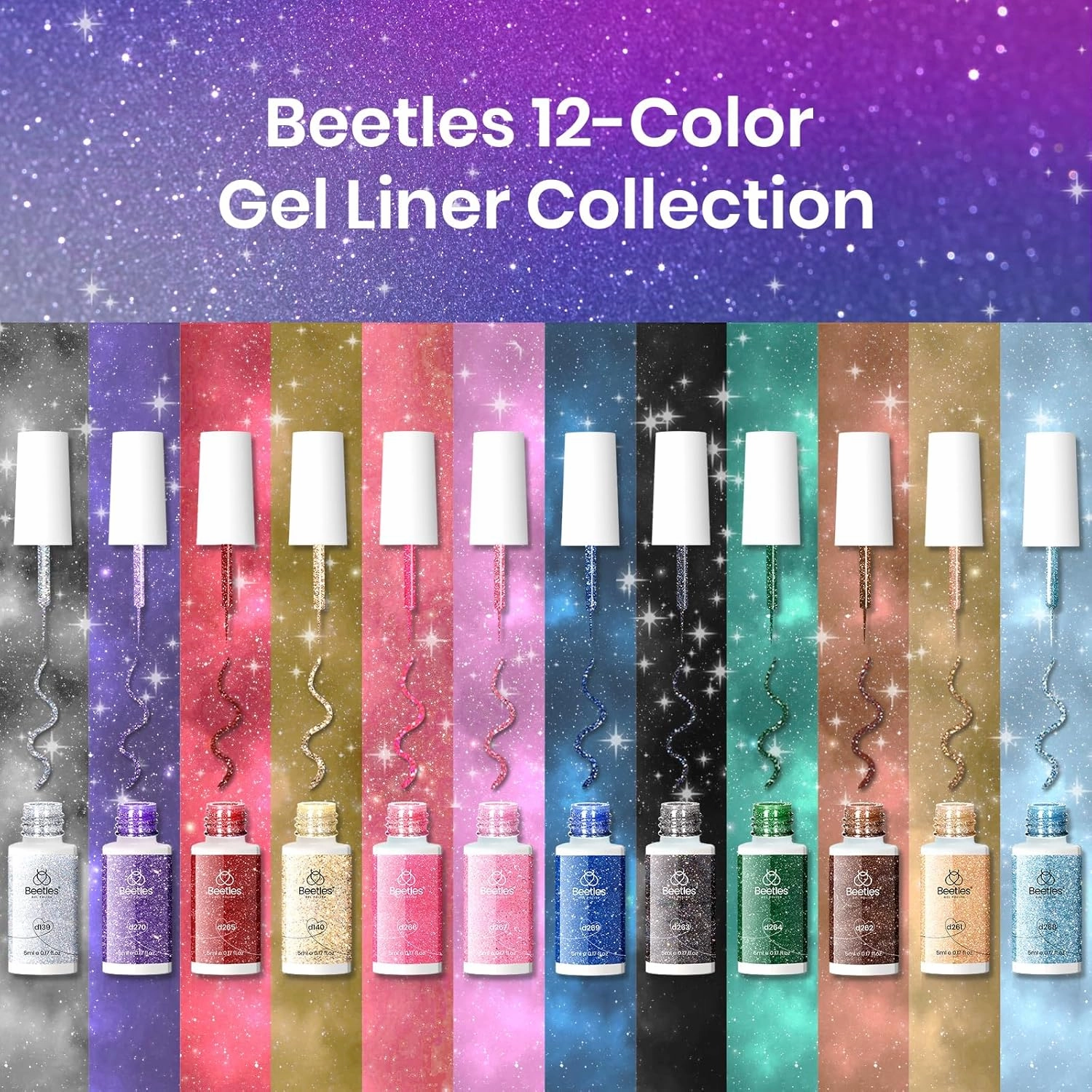 Beetles Nail Art Gel Liner Polish 12 Colors Reflective Glitter Gel Nail Polish, Gold Silver Pink Blue Purple Brown Black Kit Soak Off Uv Nail Art Design Set Summer Manicure Gifts for Women