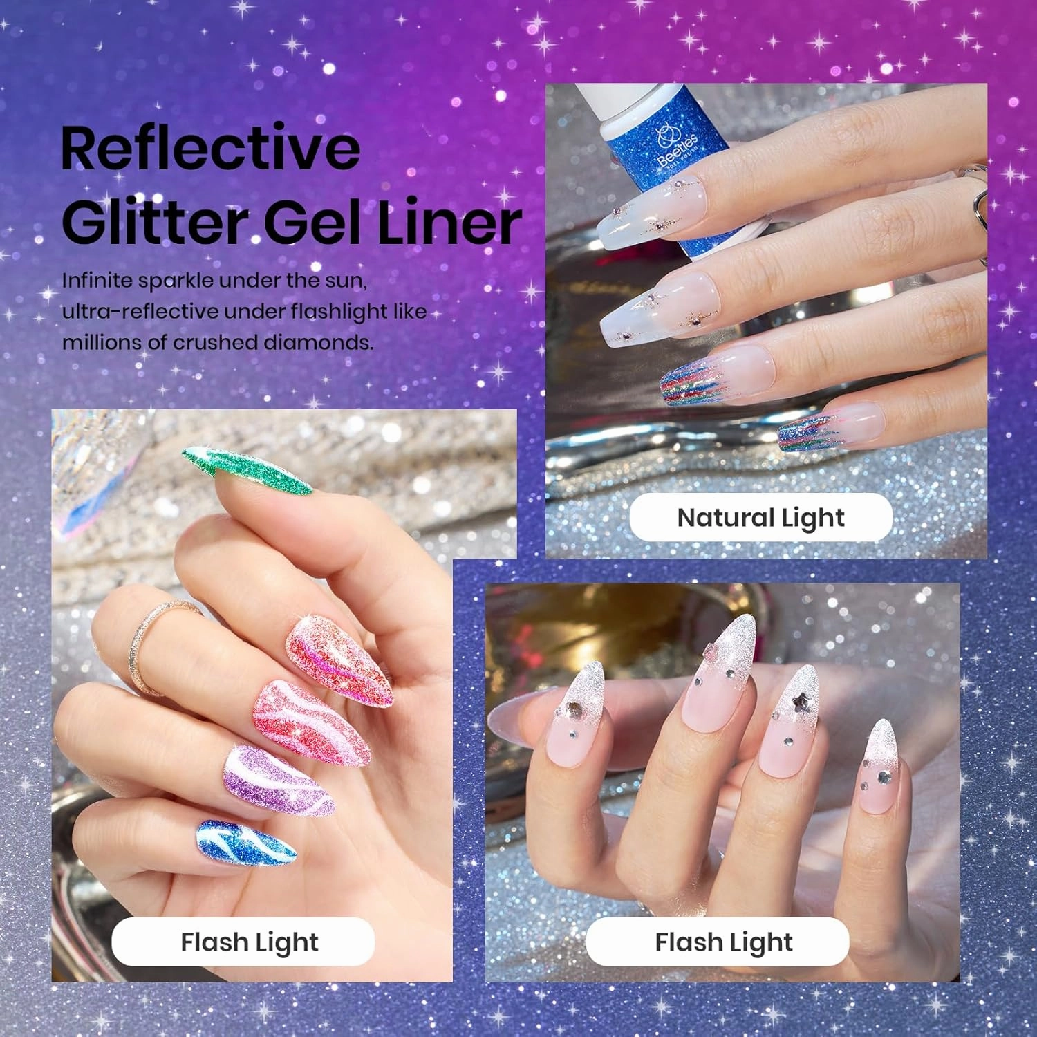 Beetles Nail Art Gel Liner Polish 12 Colors Reflective Glitter Gel Nail Polish, Gold Silver Pink Blue Purple Brown Black Kit Soak Off Uv Nail Art Design Set Summer Manicure Gifts for Women